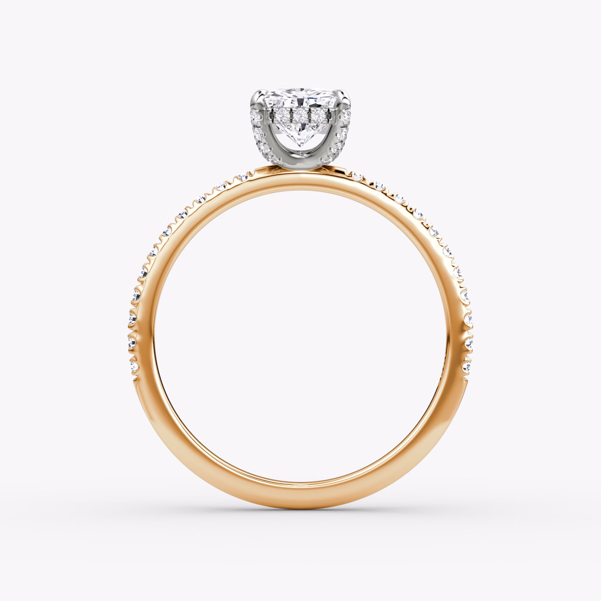The Classic Hidden Halo | Radiant | 14k | Rose Gold and Platinum | bandAccent: Pavé | bandWidth: standard | prongStyle: Pavé | diamondOrientation: vertical | caratWeight: other