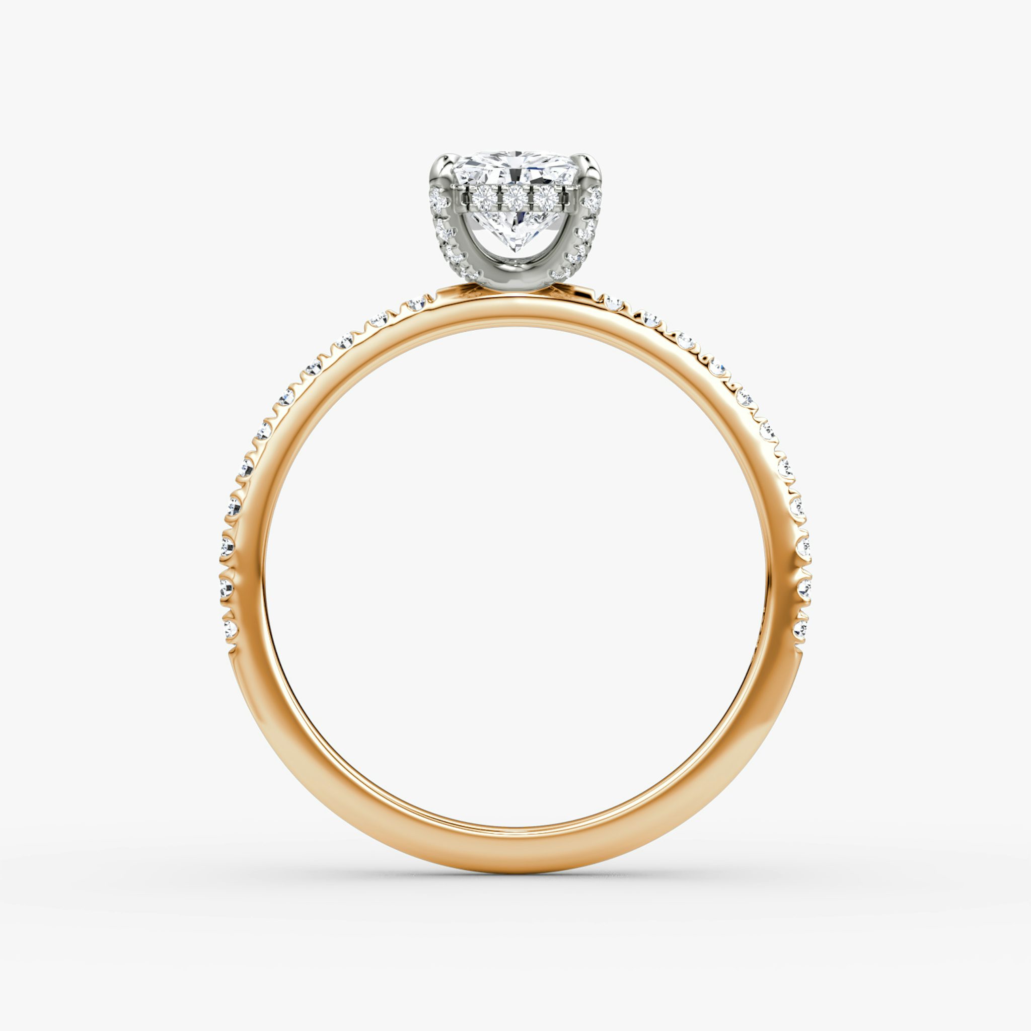 The Classic Hidden Halo | Radiant | 14k | Rose Gold and Platinum | bandAccent: Pavé | bandWidth: standard | prongStyle: Pavé | diamondOrientation: vertical | caratWeight: other