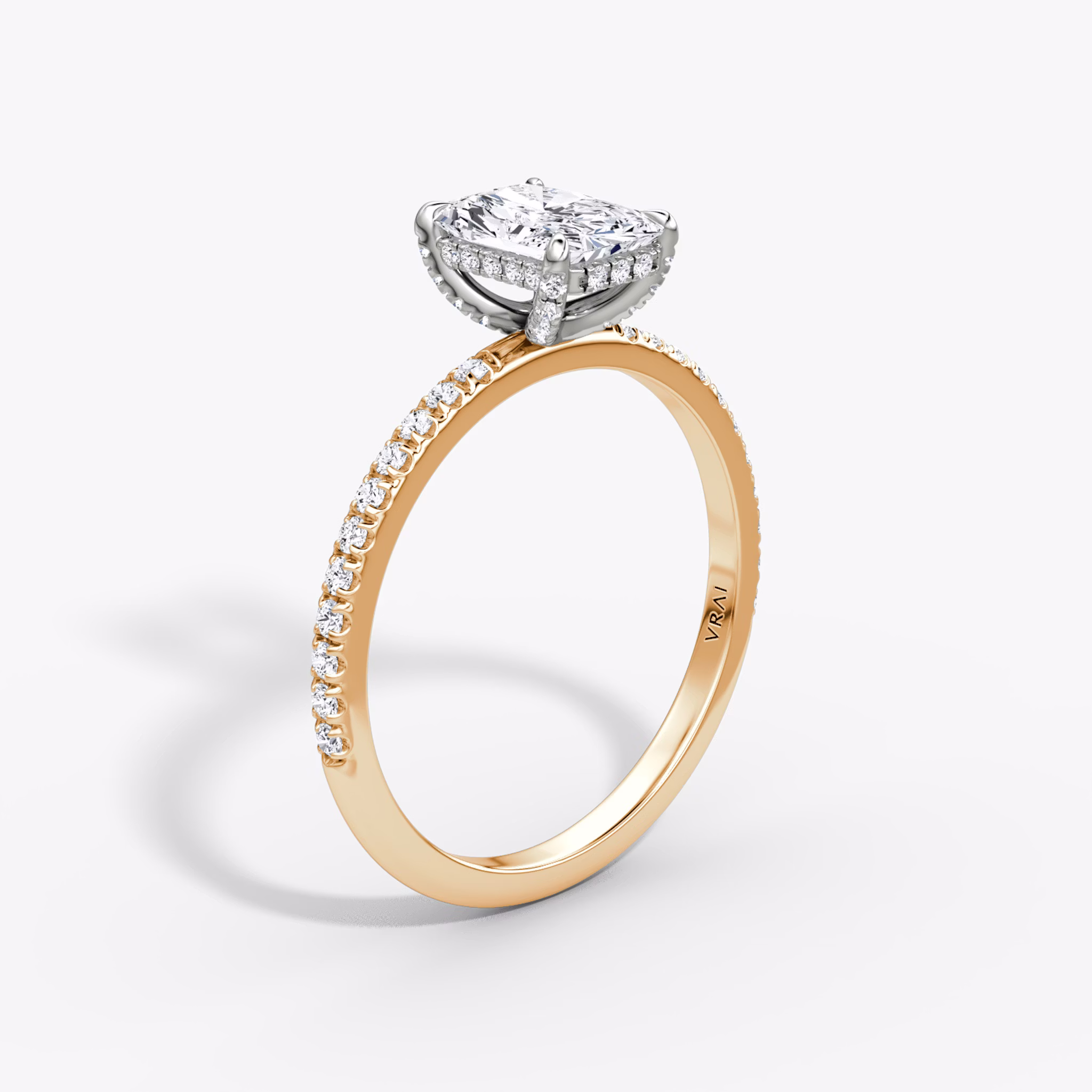The Classic Hidden Halo | Radiant | 14k | Rose Gold and Platinum | bandAccent: Pavé | bandWidth: standard | prongStyle: Pavé | diamondOrientation: vertical | caratWeight: other