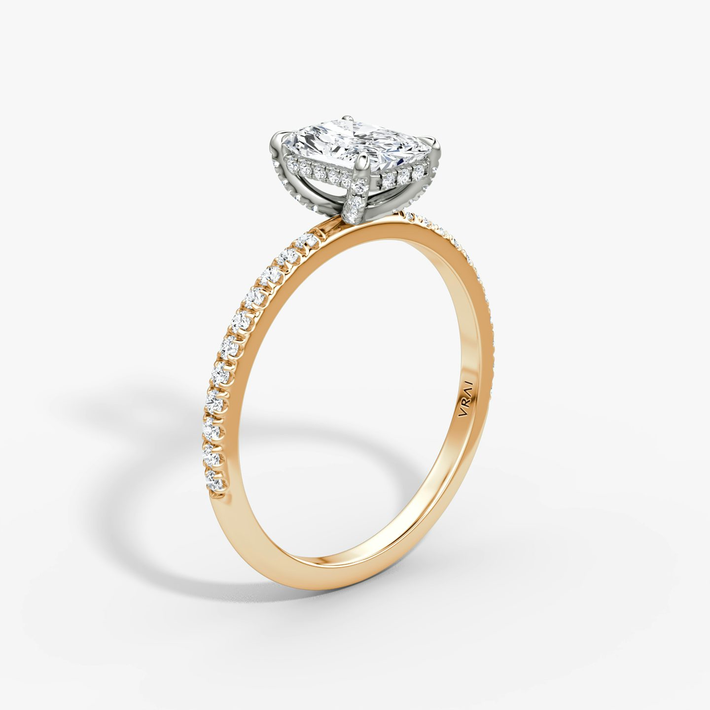 The Classic Hidden Halo | Radiant | 14k | Rose Gold and Platinum | bandAccent: Pavé | bandWidth: standard | prongStyle: Pavé | diamondOrientation: vertical | caratWeight: other