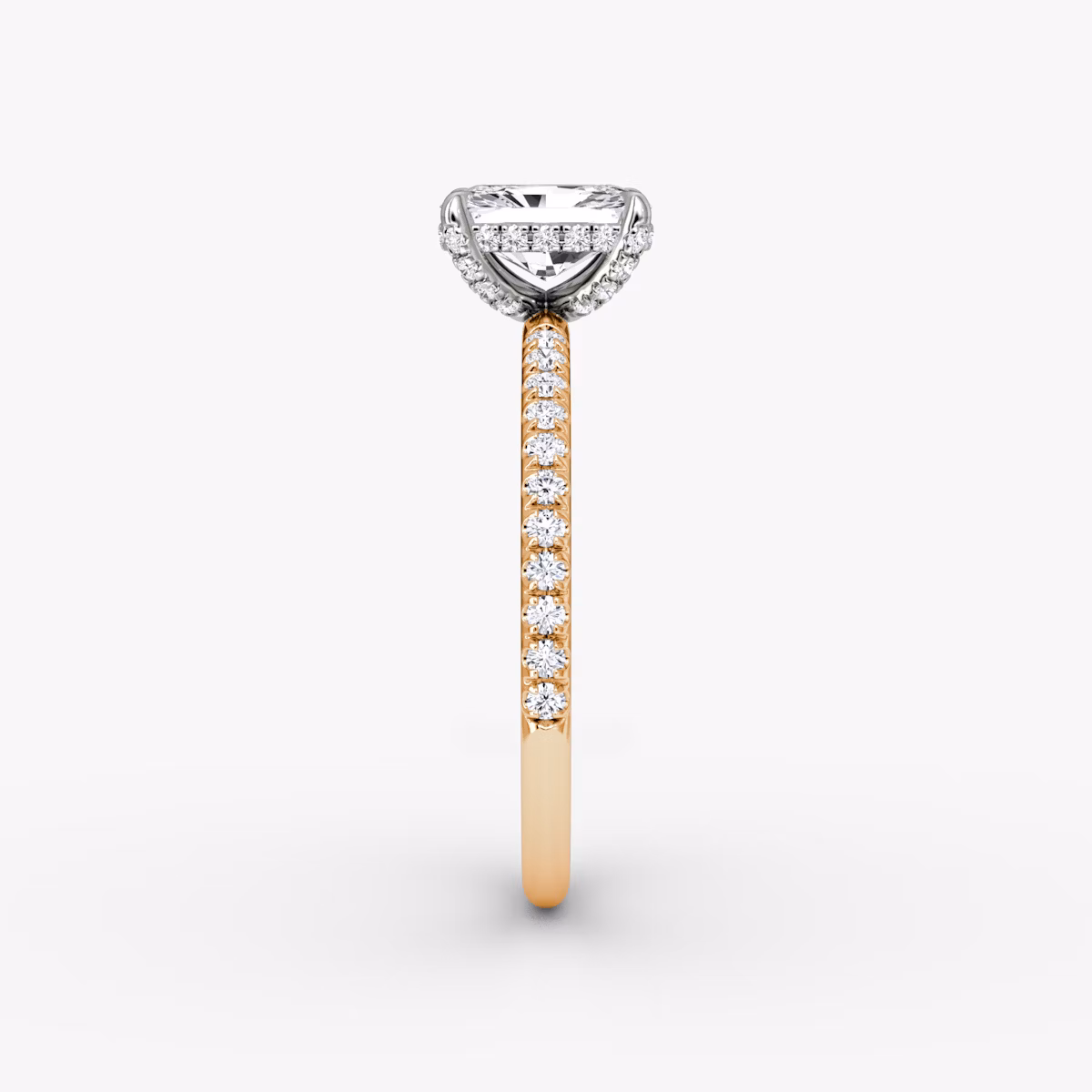 The Classic Hidden Halo | Radiant | 14k | Rose Gold and Platinum | bandAccent: Pavé | bandWidth: standard | prongStyle: Pavé | diamondOrientation: vertical | caratWeight: other