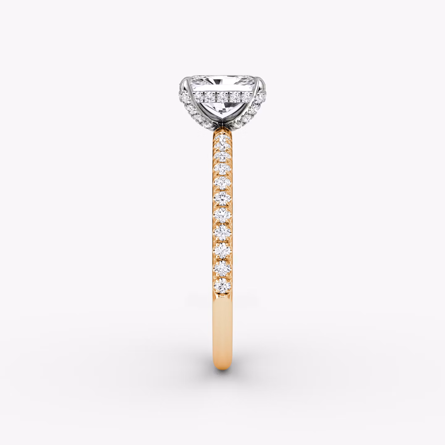 The Classic Hidden Halo | Radiant | 14k | Rose Gold and Platinum | bandAccent: Pavé | bandWidth: standard | prongStyle: Pavé | diamondOrientation: vertical | caratWeight: other