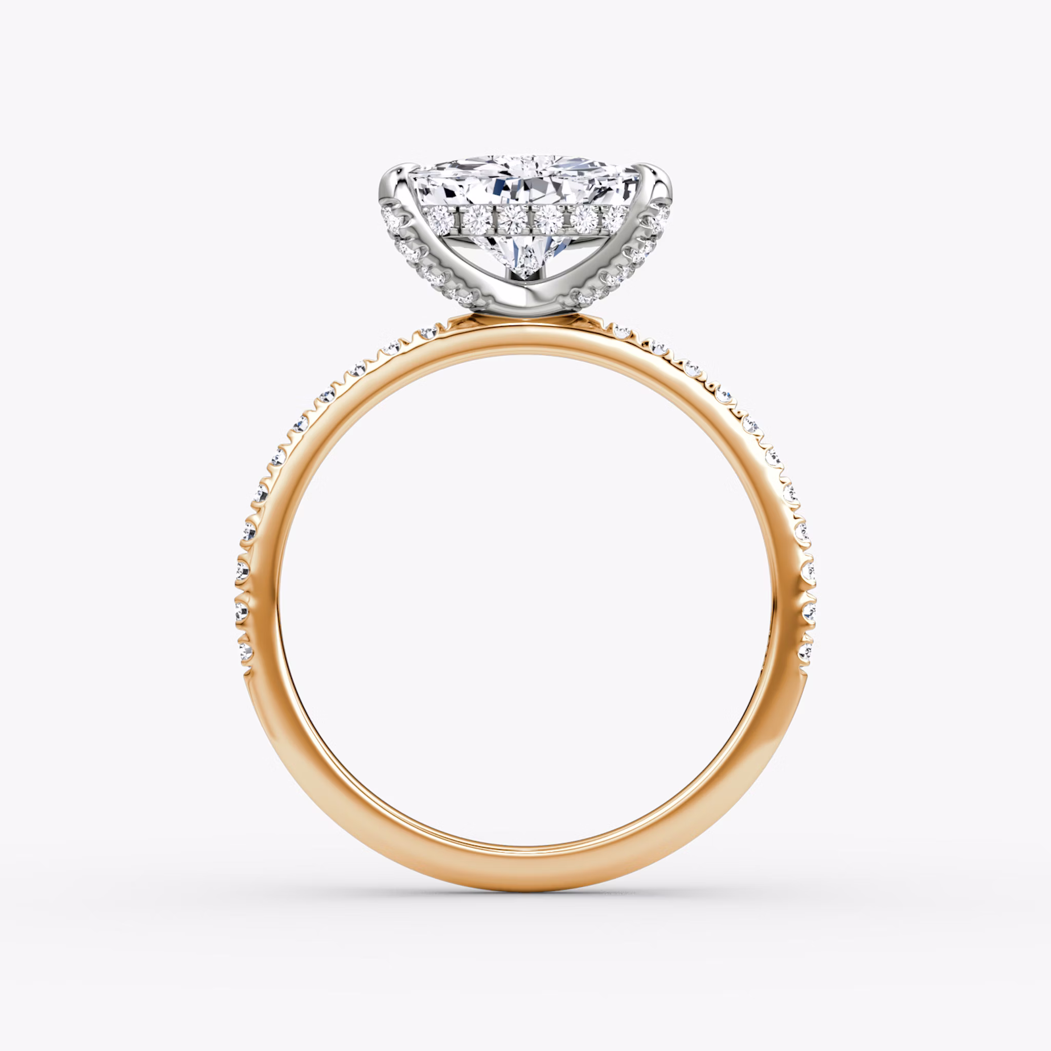 The Classic Hidden Halo | Trillion | 14k | Rose Gold and Platinum | bandAccent: Pavé | bandWidth: standard | prongStyle: Pavé | diamondOrientation: vertical | caratWeight: other