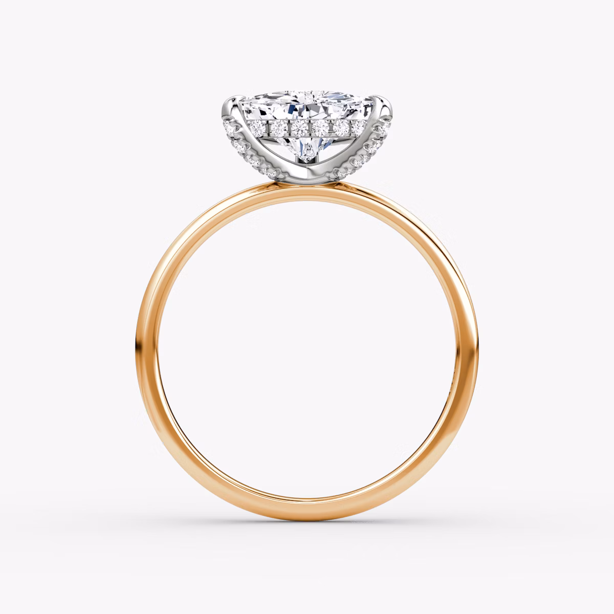 The Classic Hidden Halo | Trillion | 14k | Rose Gold and Platinum | bandAccent: Plain | bandWidth: standard | prongStyle: Pavé | diamondOrientation: vertical | caratWeight: other