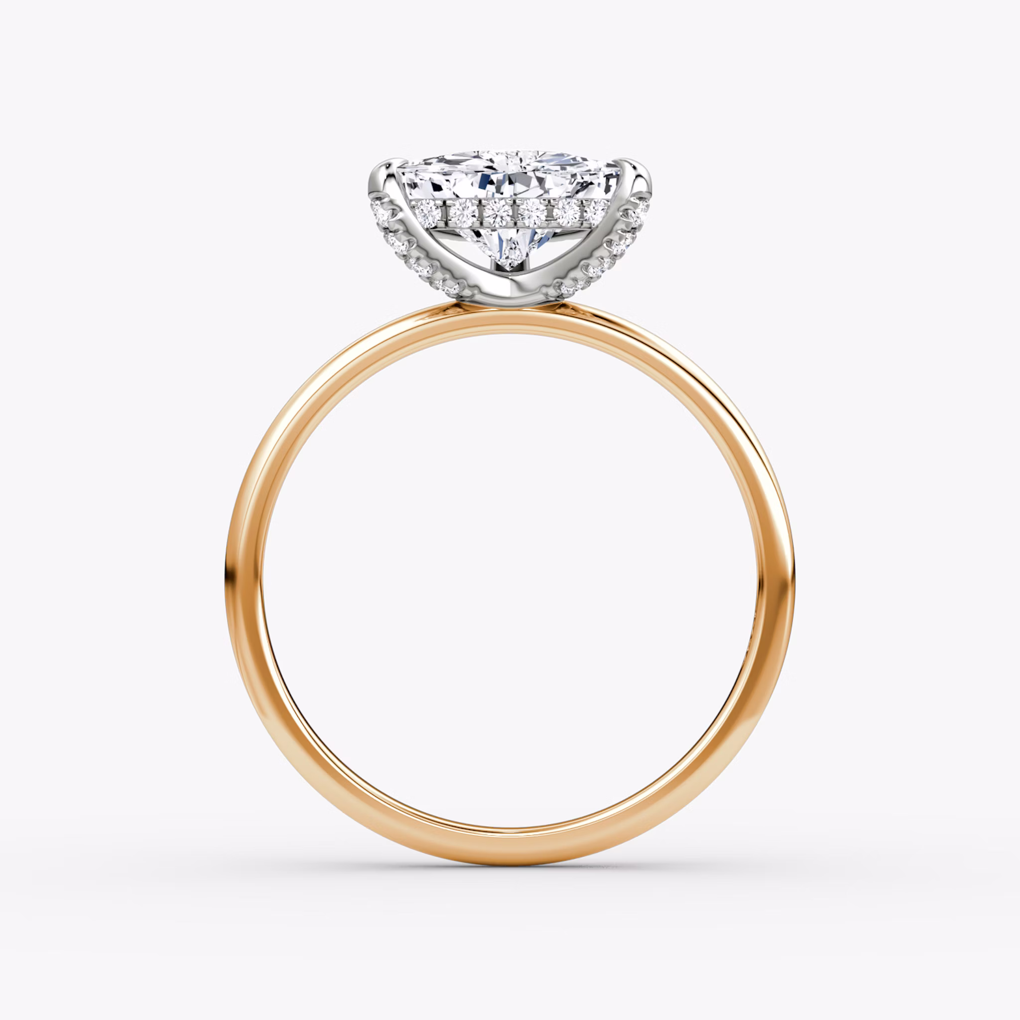 The Classic Hidden Halo | Trillion | 14k | Rose Gold and Platinum | bandAccent: Plain | bandWidth: standard | prongStyle: Pavé | diamondOrientation: vertical | caratWeight: other