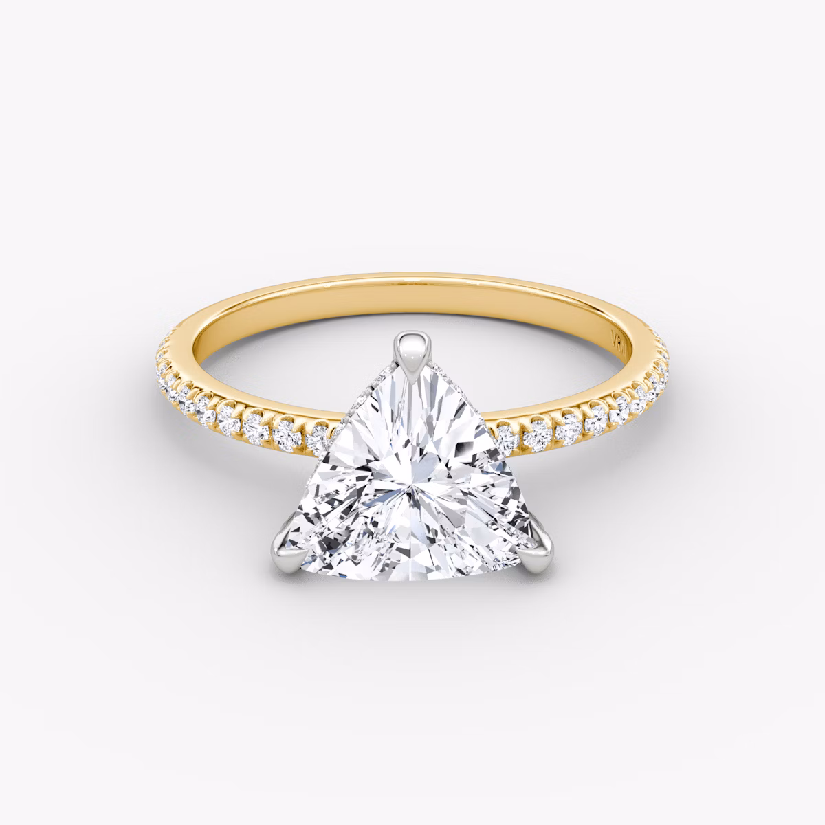 The Classic Hidden Halo | Trillion | 18k | Yellow Gold and Platinum | bandAccent: Plain | bandWidth: standard | prongStyle: Pavé | diamondOrientation: vertical | caratWeight: other
