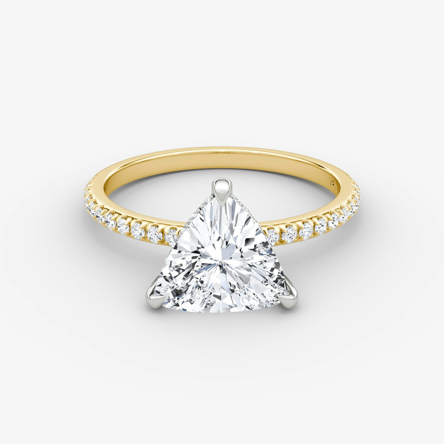 The Classic Hidden Halo | Trillion | 18k | Yellow Gold and Platinum | bandAccent: Plain | bandWidth: standard | prongStyle: Pavé | diamondOrientation: vertical | caratWeight: other