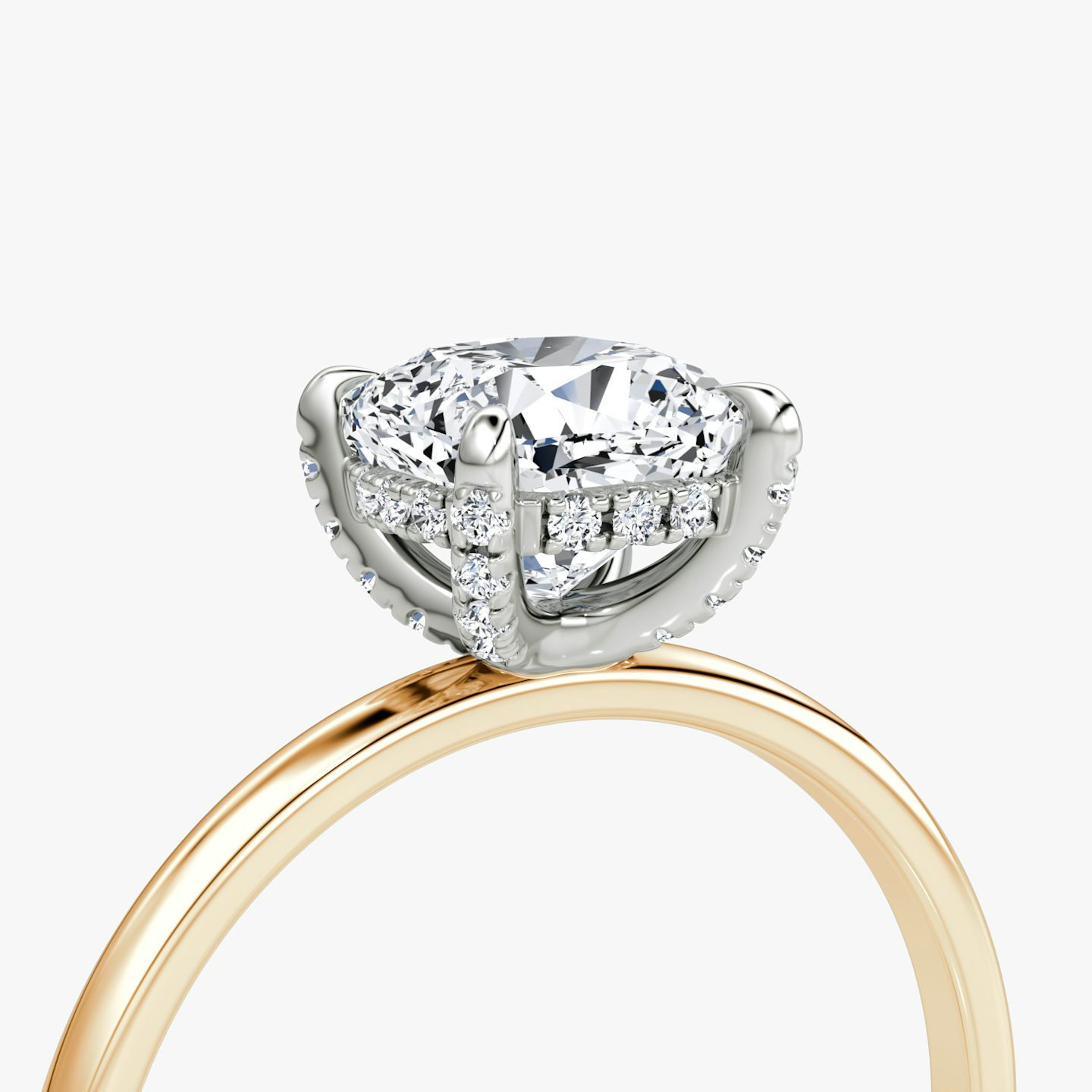 The Classic Hidden Halo | Cushion | 14k | Rose Gold and Platinum | bandAccent: Plain | bandWidth: standard | prongStyle: Pavé | diamondOrientation: vertical | caratWeight: other