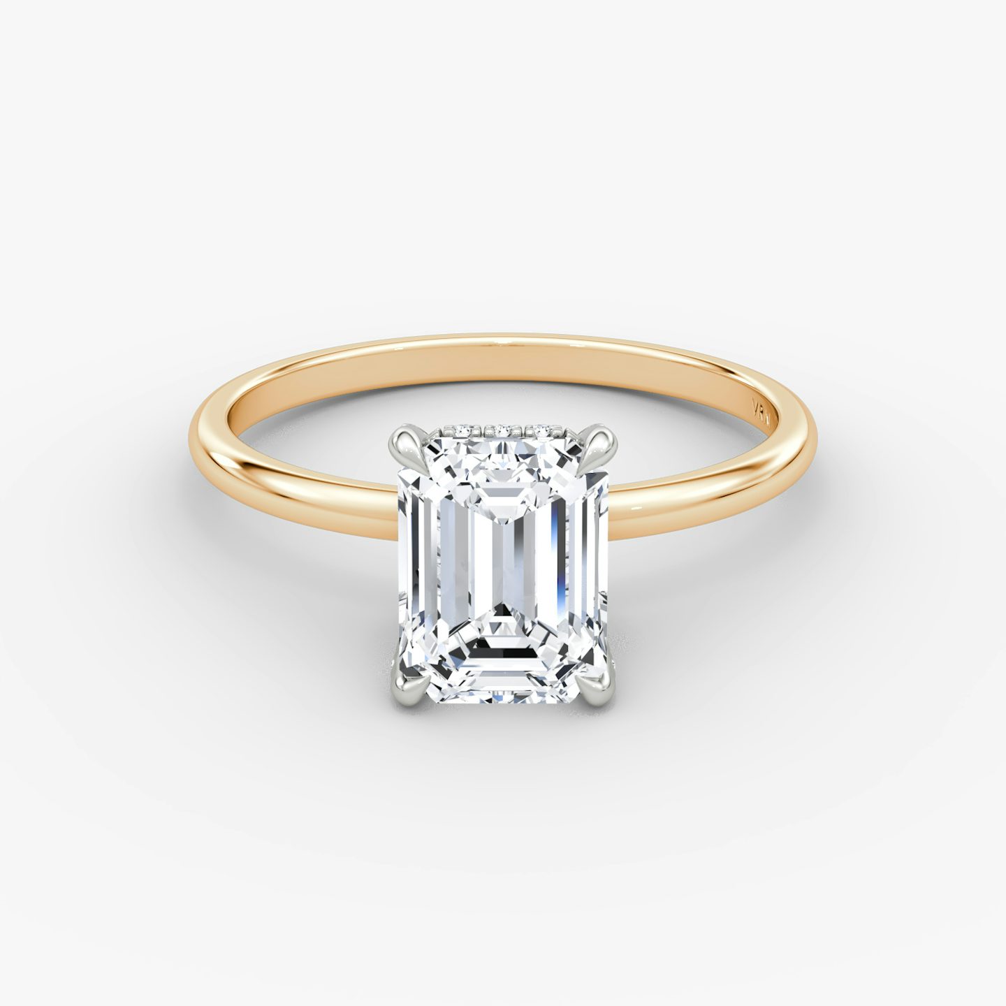 The Classic Hidden Halo | Emerald | 14k | Rose Gold and Platinum | bandAccent: Plain | bandWidth: standard | prongStyle: Pavé | diamondOrientation: vertical | caratWeight: other