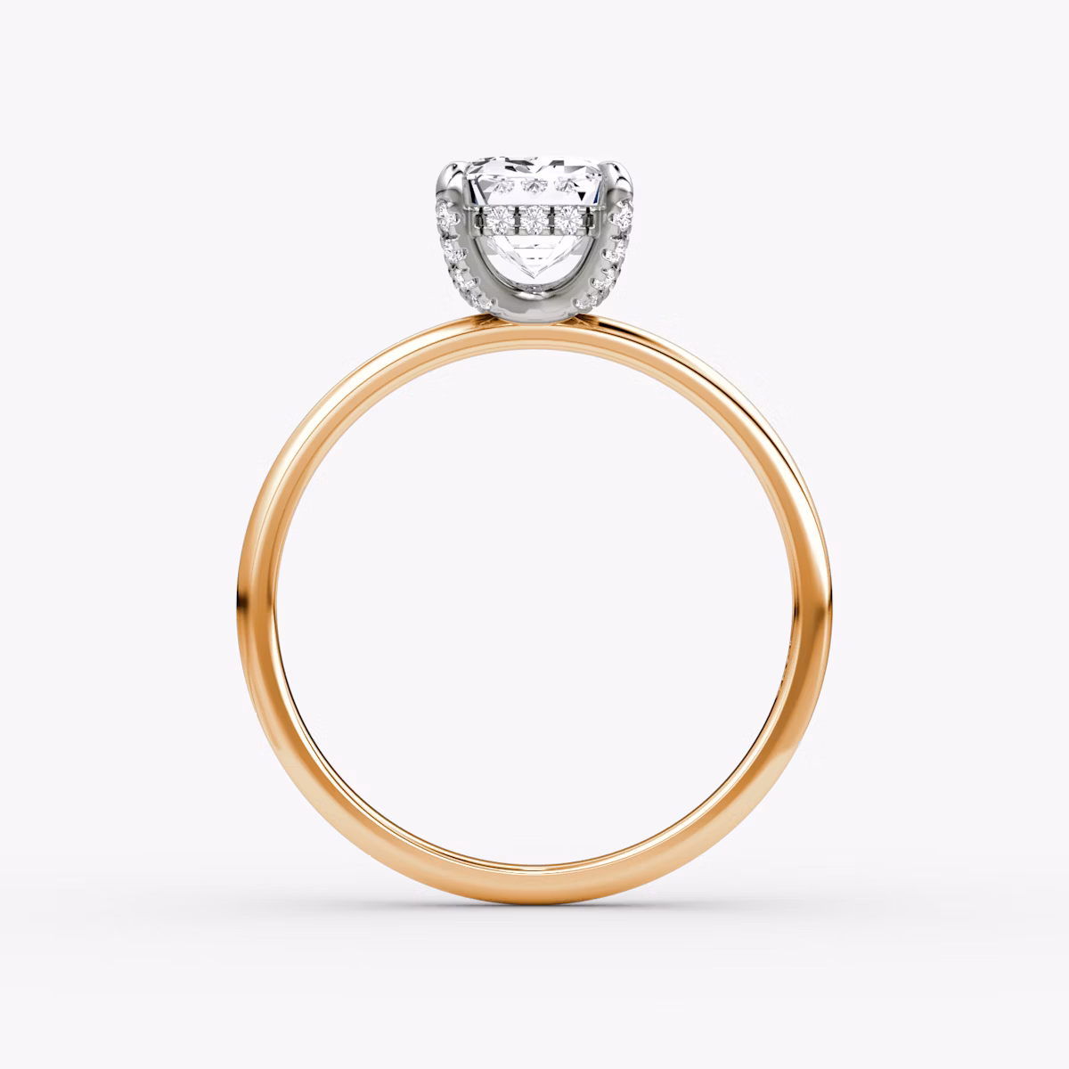 The Classic Hidden Halo | Emerald | 14k | Rose Gold and Platinum | bandAccent: Plain | bandWidth: standard | prongStyle: Pavé | diamondOrientation: vertical | caratWeight: other