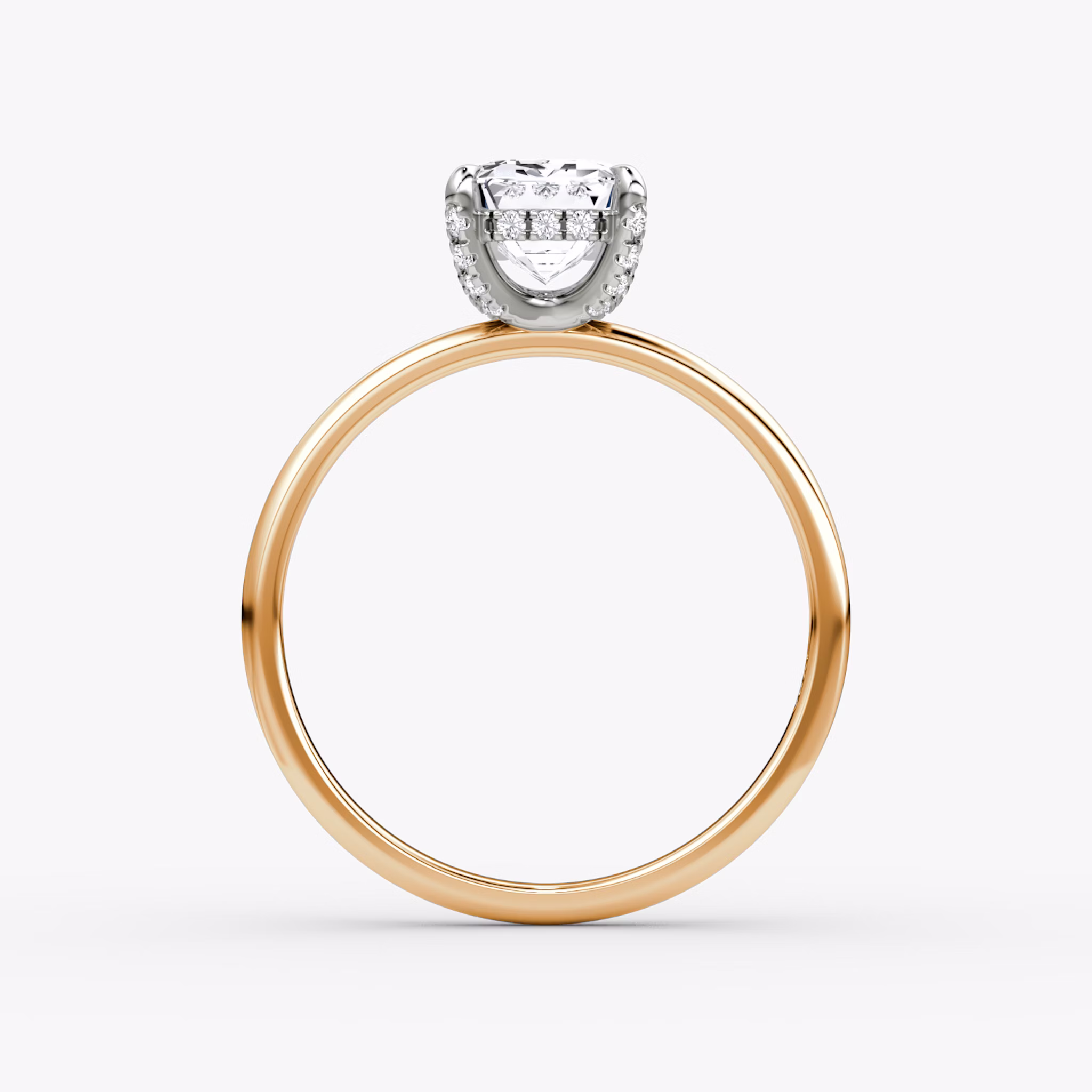 The Classic Hidden Halo | Emerald | 14k | Rose Gold and Platinum | bandAccent: Plain | bandWidth: standard | prongStyle: Pavé | diamondOrientation: vertical | caratWeight: other