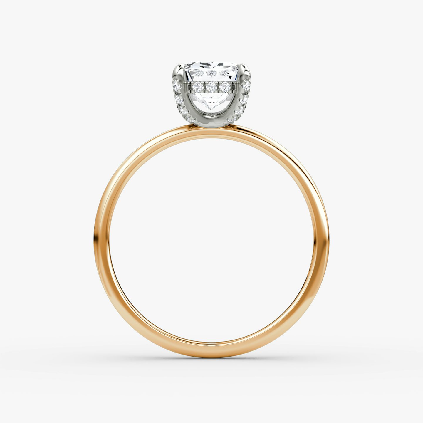 The Classic Hidden Halo | Emerald | 14k | Rose Gold and Platinum | bandAccent: Plain | bandWidth: standard | prongStyle: Pavé | diamondOrientation: vertical | caratWeight: other