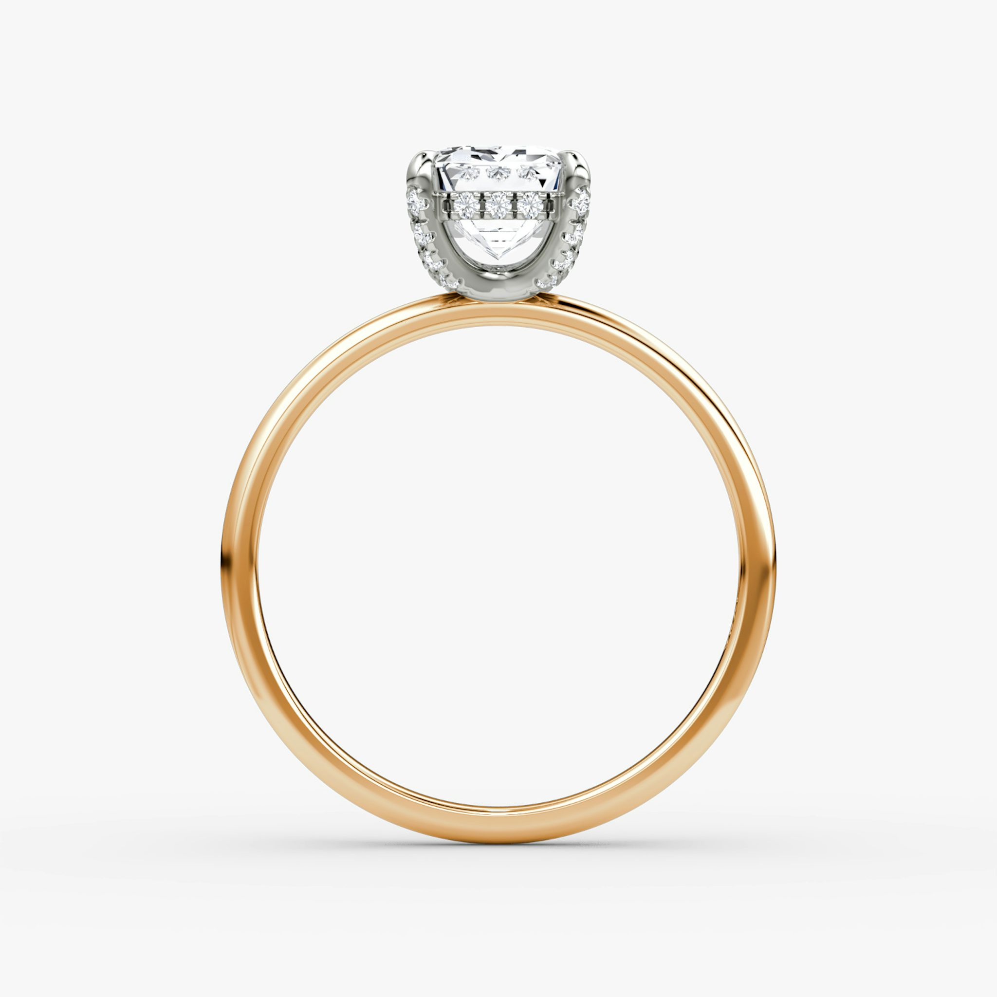 The Classic Hidden Halo | Emerald | 14k | Rose Gold and Platinum | bandAccent: Plain | bandWidth: standard | prongStyle: Pavé | diamondOrientation: vertical | caratWeight: other