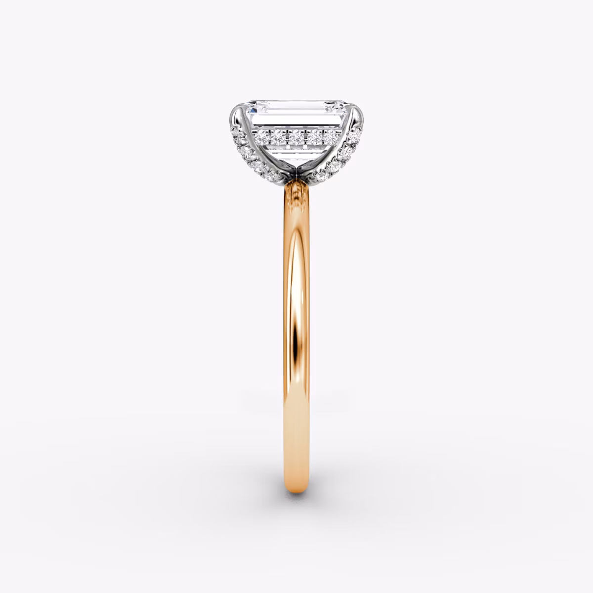 The Classic Hidden Halo | Emerald | 14k | Rose Gold and Platinum | bandAccent: Plain | bandWidth: standard | prongStyle: Pavé | diamondOrientation: vertical | caratWeight: other