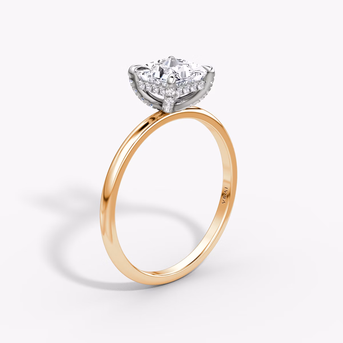 The Classic Hidden Halo | Princess | 14k | Rose Gold and Platinum | bandAccent: Plain | bandWidth: standard | prongStyle: Pavé | diamondOrientation: vertical | caratWeight: other