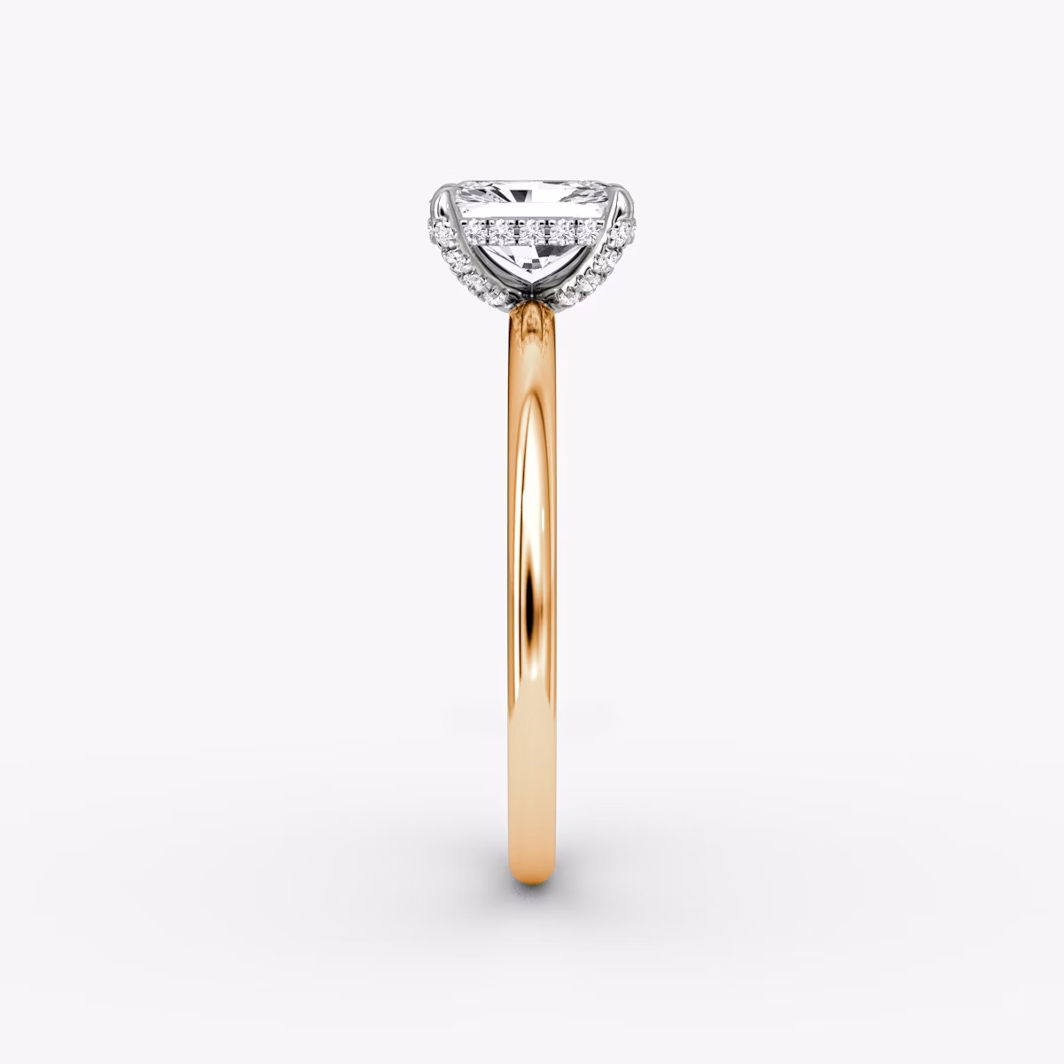 The Classic Hidden Halo | Radiant | 14k | Rose Gold and Platinum | bandAccent: Plain | bandWidth: standard | prongStyle: Pavé | diamondOrientation: vertical | caratWeight: other