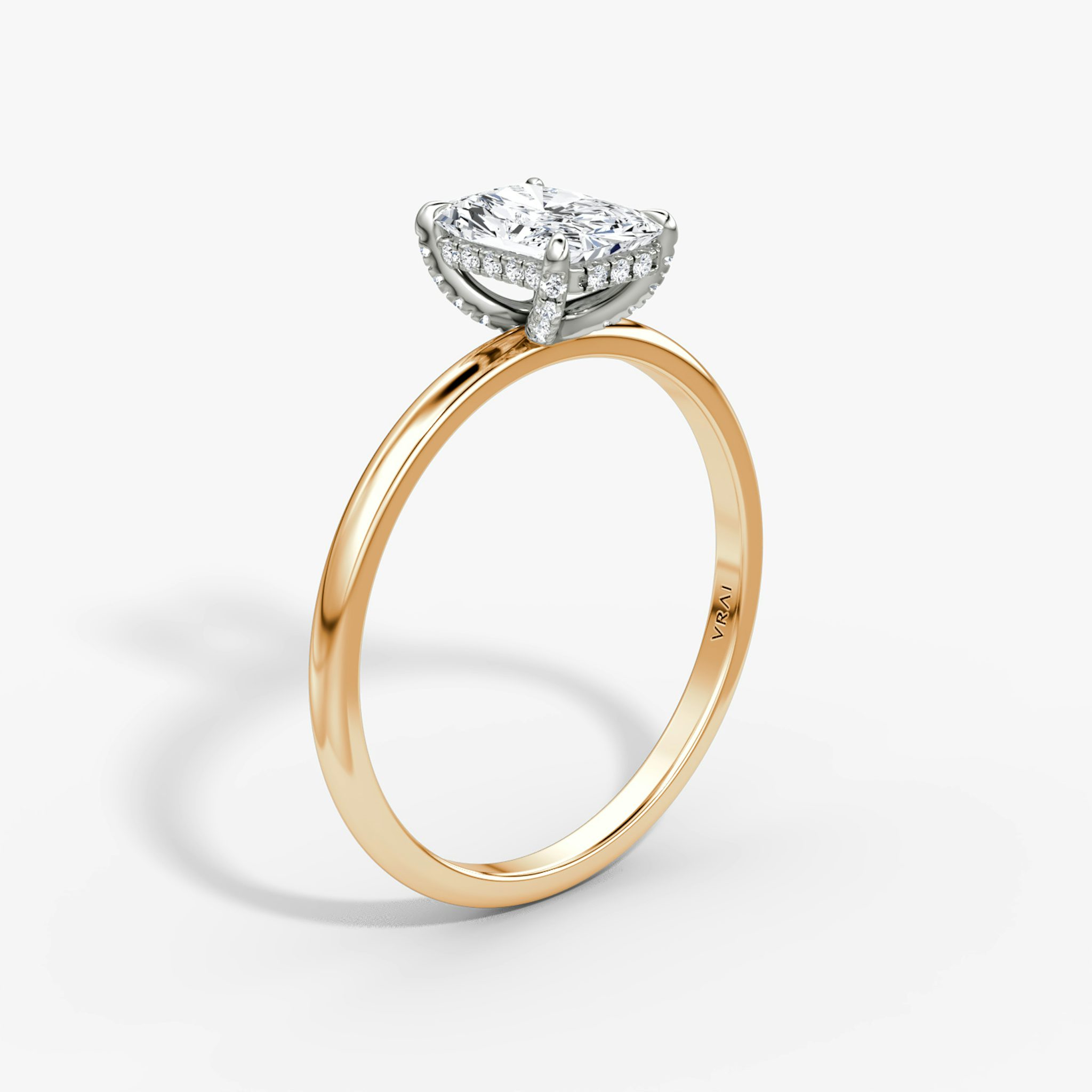 The Classic Hidden Halo | Radiant | 14k | Rose Gold and Platinum | bandAccent: Plain | bandWidth: standard | prongStyle: Pavé | diamondOrientation: vertical | caratWeight: other