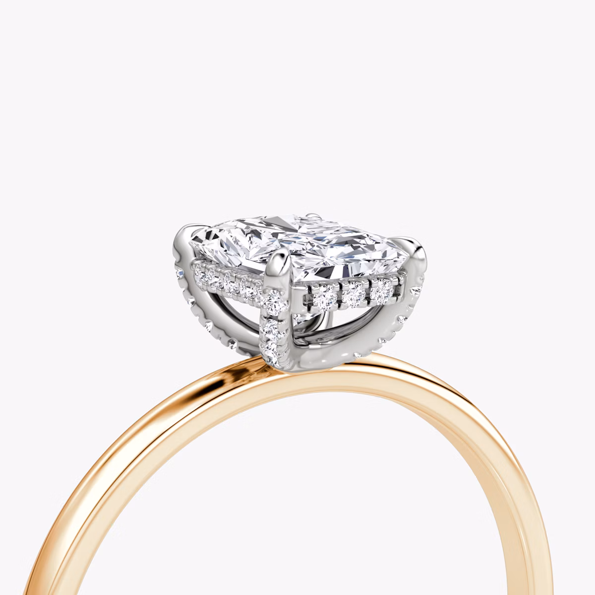 The Classic Hidden Halo | Radiant | 14k | Rose Gold and Platinum | bandAccent: Plain | bandWidth: standard | prongStyle: Pavé | diamondOrientation: vertical | caratWeight: other