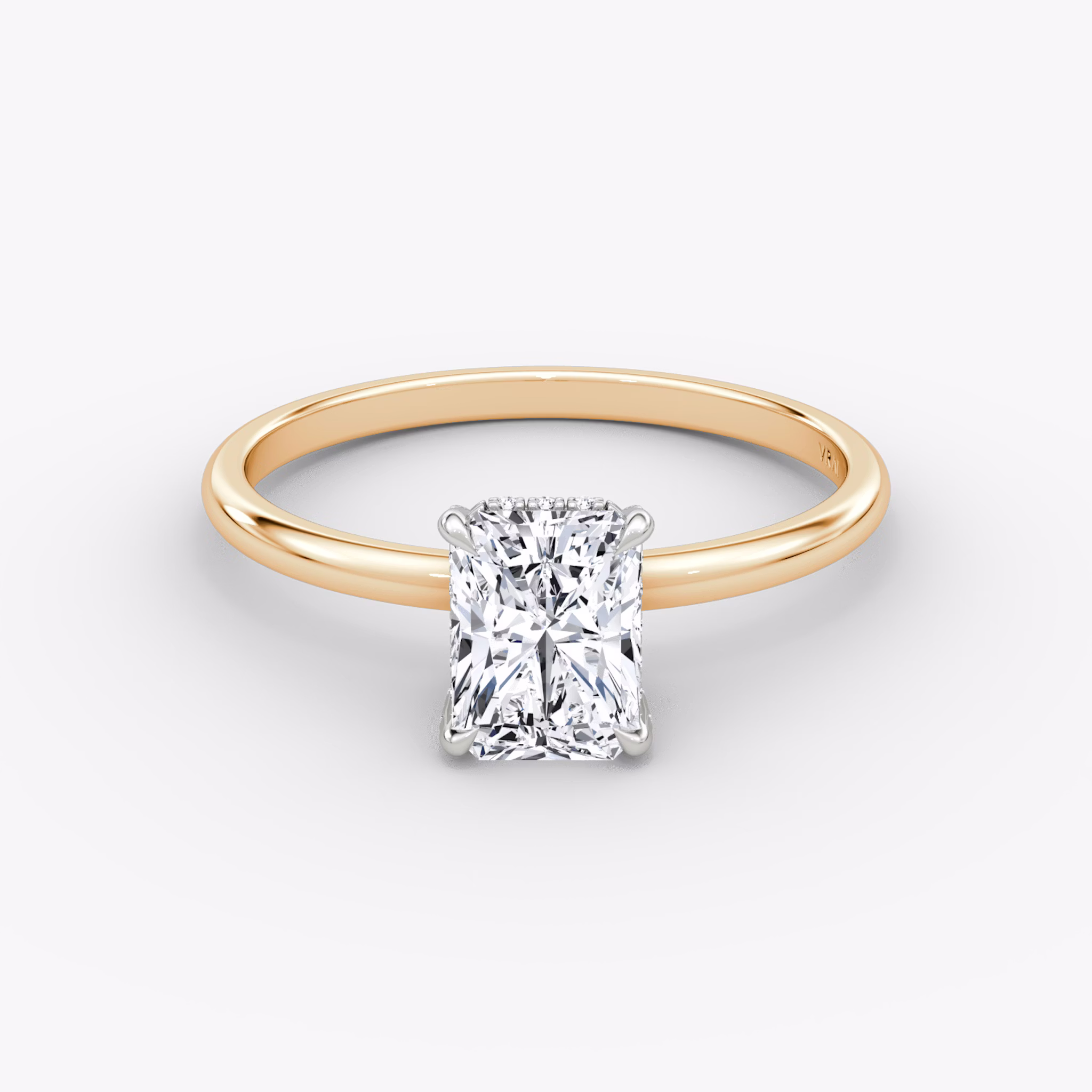 The Classic Hidden Halo | Radiant | 14k | Rose Gold and Platinum | bandAccent: Plain | bandWidth: standard | prongStyle: Pavé | diamondOrientation: vertical | caratWeight: other