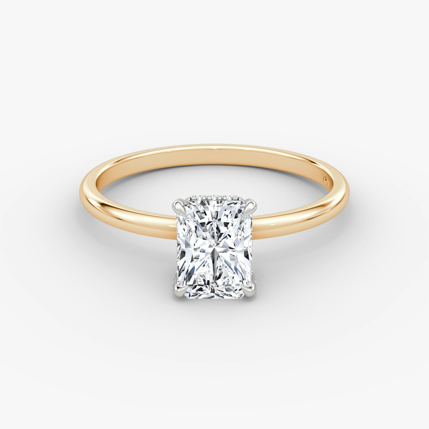 The Classic Hidden Halo | Radiant | 14k | Rose Gold and Platinum | bandAccent: Plain | bandWidth: standard | prongStyle: Pavé | diamondOrientation: vertical | caratWeight: other
