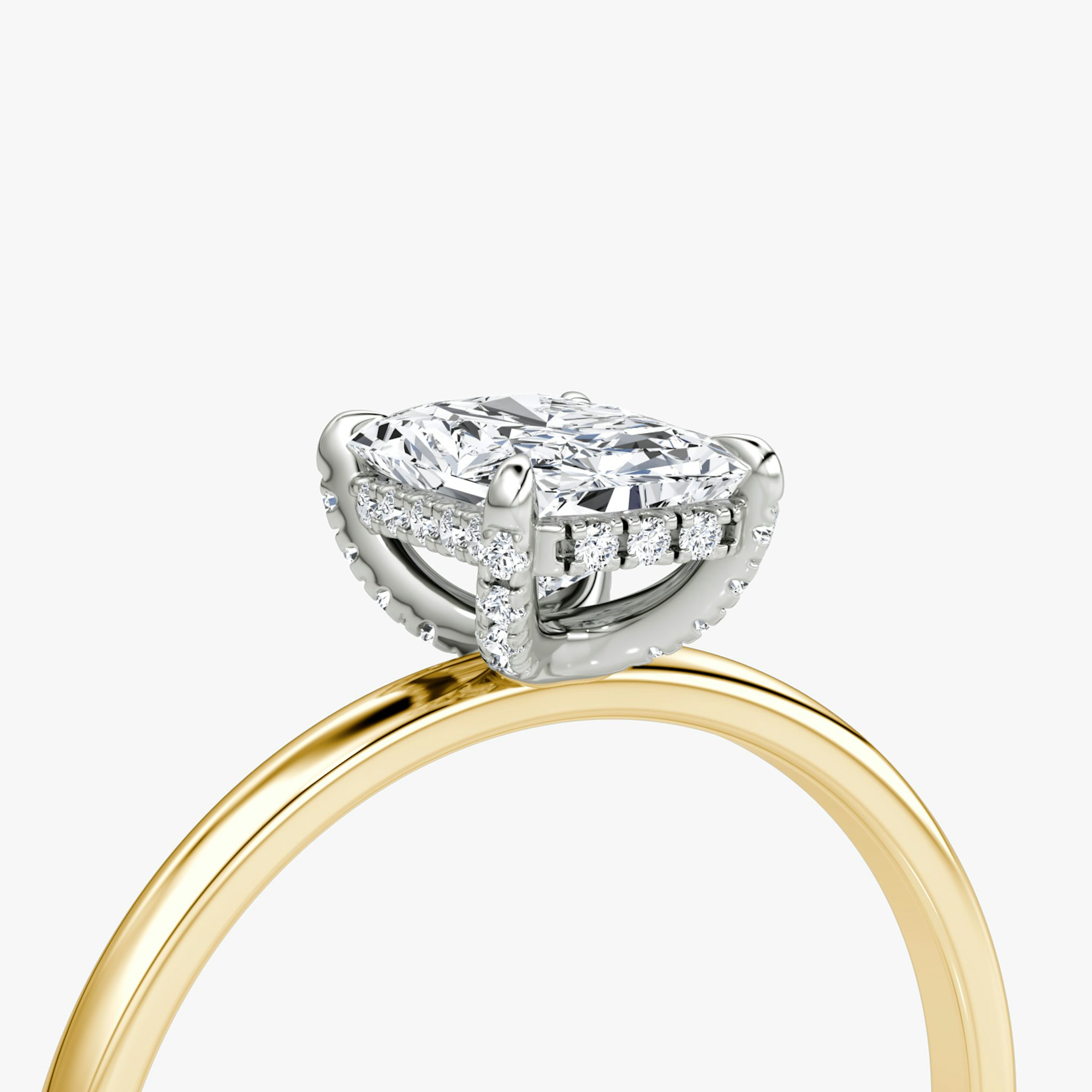 The Classic Hidden Halo | Radiant | 18k | Yellow Gold and Platinum | bandAccent: Plain | bandWidth: standard | prongStyle: Pavé | diamondOrientation: vertical | caratWeight: other