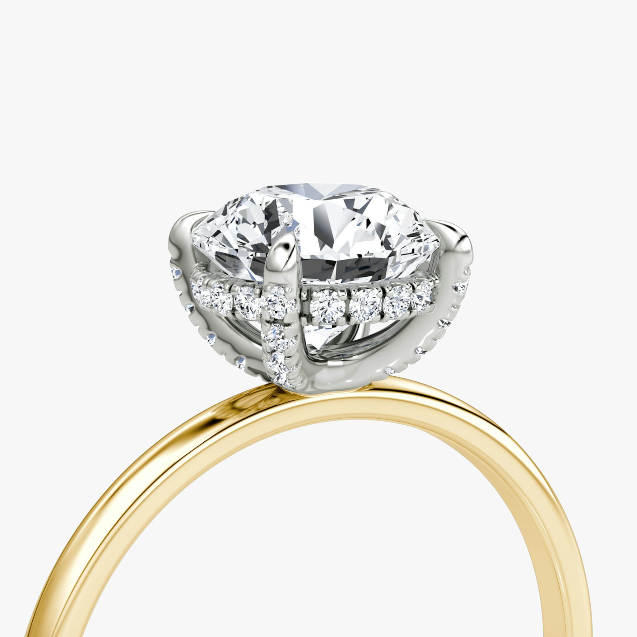 The Classic Hidden Halo | Round Brilliant | 18k | Yellow Gold and Platinum | bandAccent: Plain | bandWidth: standard | caratWeight: 1.0ct | prongStyle: Pavé | diamondOrientation: vertical