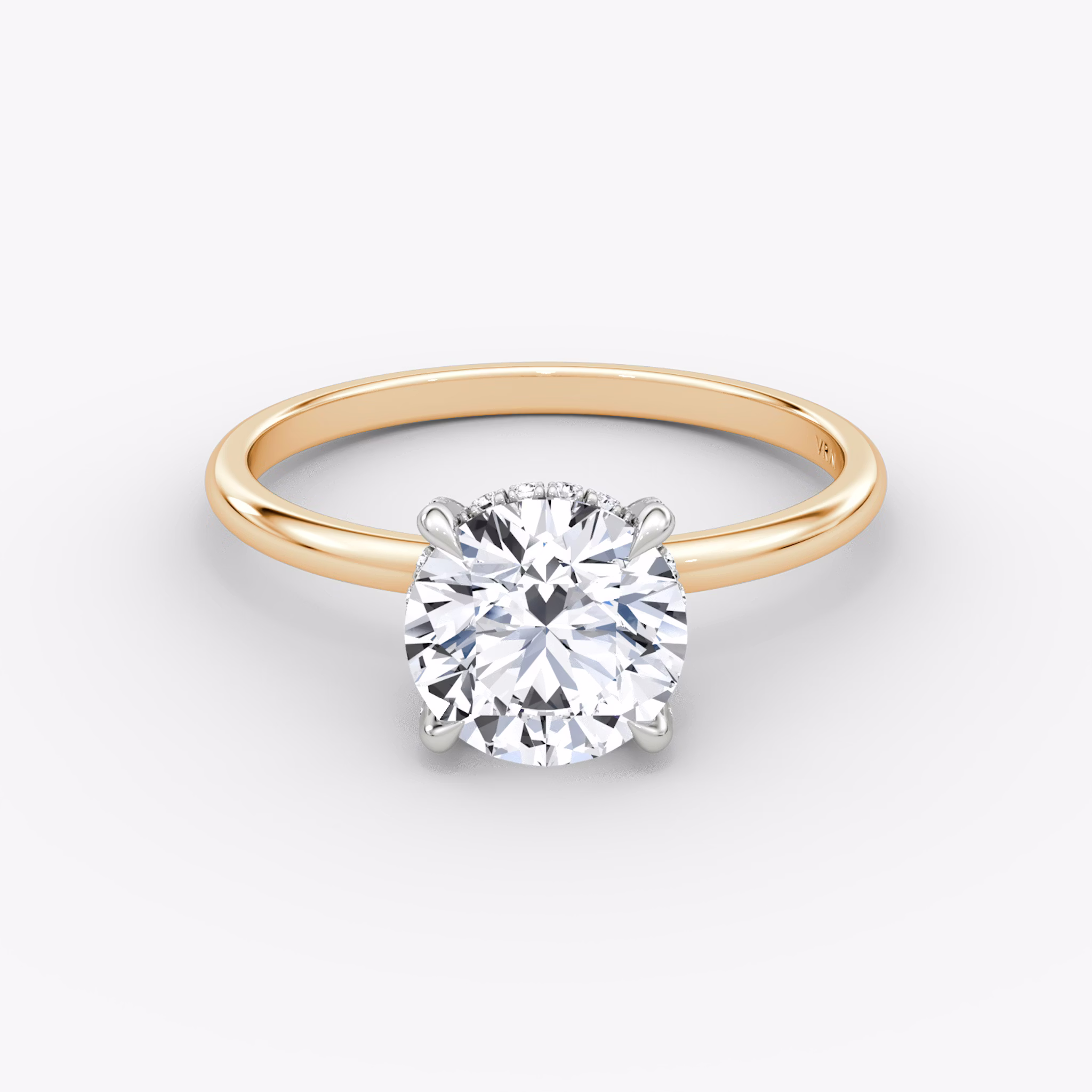 The Classic Hidden Halo | Round Brilliant | 14k | Rose Gold and Platinum | bandAccent: Plain | bandWidth: standard | caratWeight: 1.0ct | prongStyle: Pavé | diamondOrientation: vertical