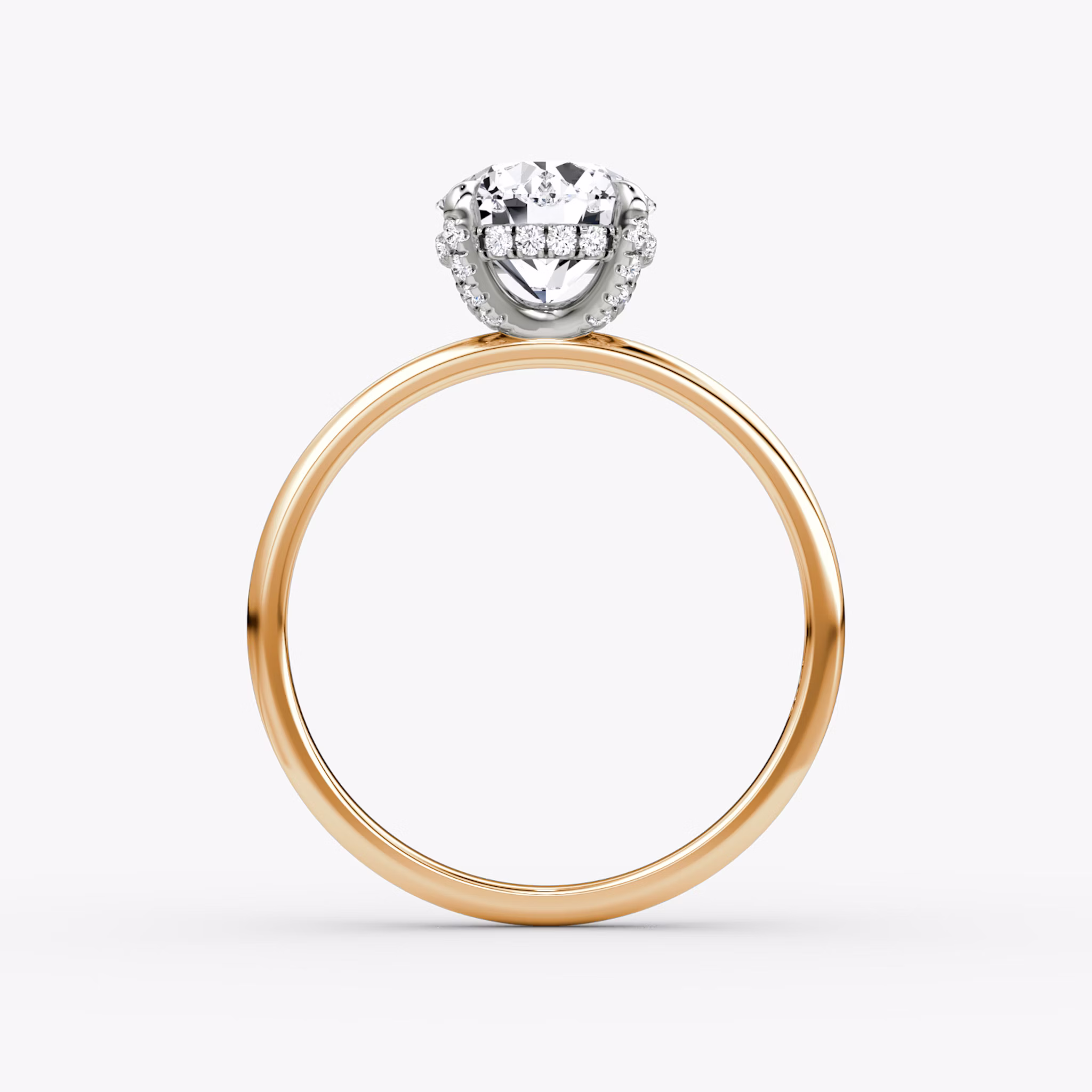 The Classic Hidden Halo | Round Brilliant | 14k | Rose Gold and Platinum | bandAccent: Plain | bandWidth: standard | caratWeight: 1.0ct | prongStyle: Pavé | diamondOrientation: vertical