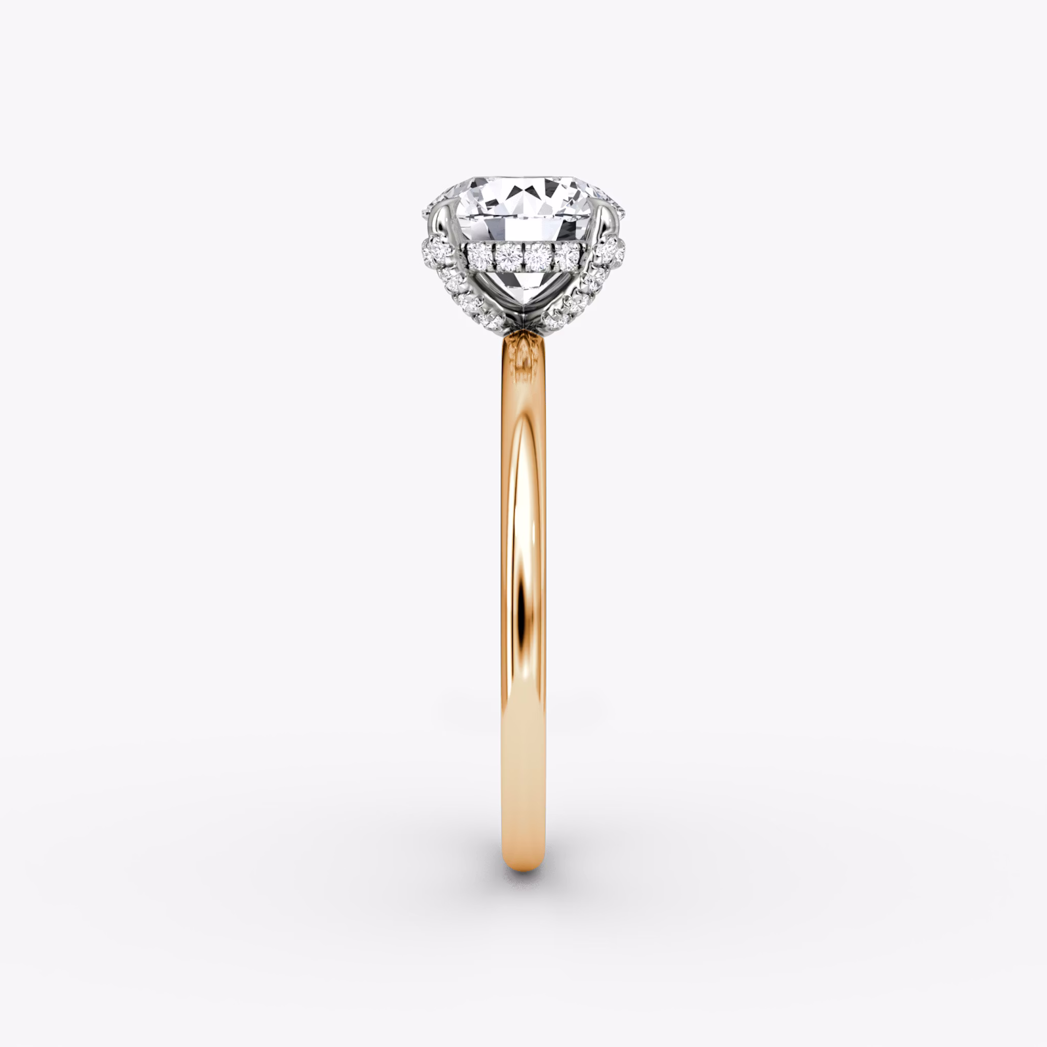 The Classic Hidden Halo | Round Brilliant | 14k | Rose Gold and Platinum | bandAccent: Plain | bandWidth: standard | caratWeight: 1.0ct | prongStyle: Pavé | diamondOrientation: vertical