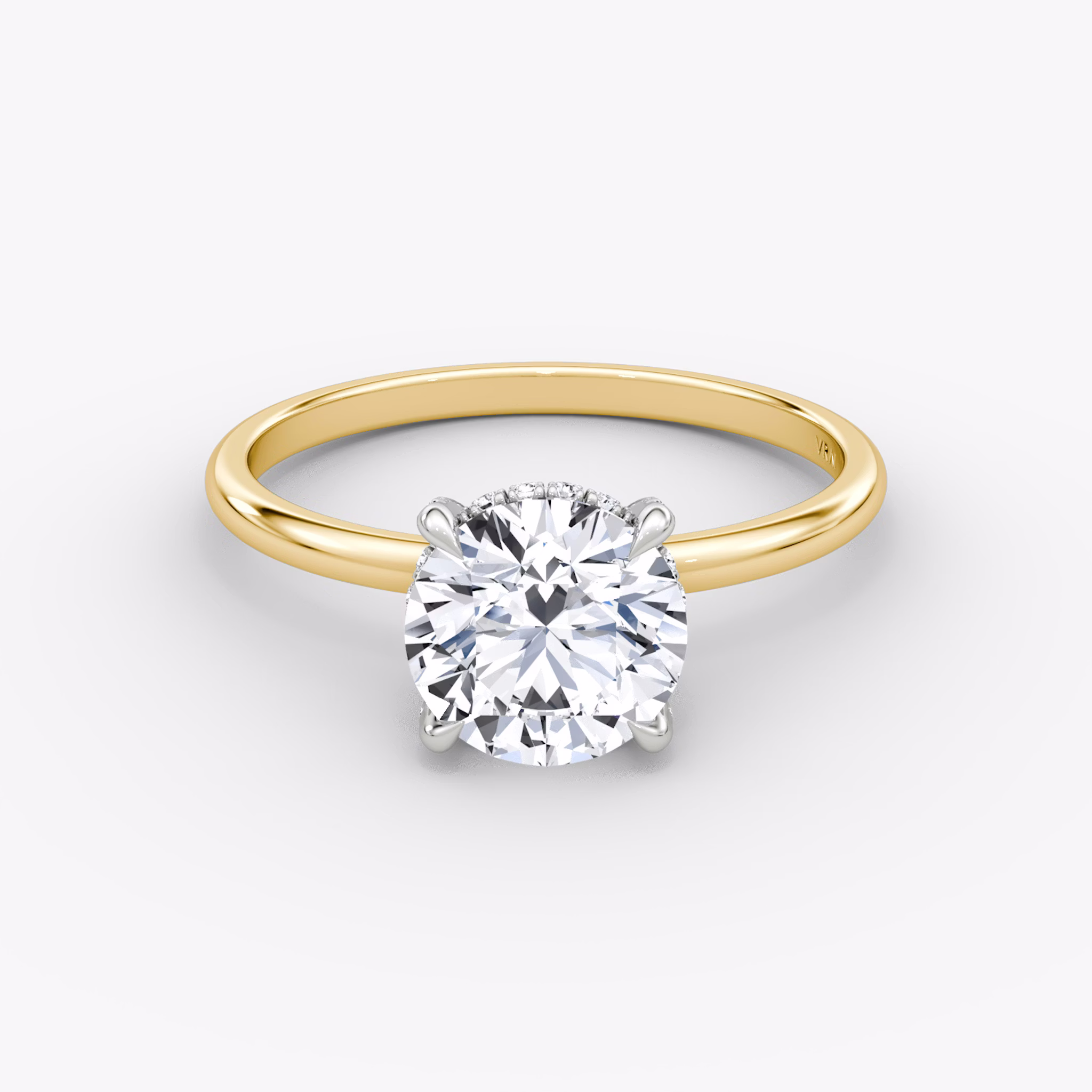 The Classic Hidden Halo | Round Brilliant | 18k | Yellow Gold and Platinum | bandAccent: Plain | bandWidth: standard | caratWeight: 1.5ct | prongStyle: Pavé | diamondOrientation: vertical