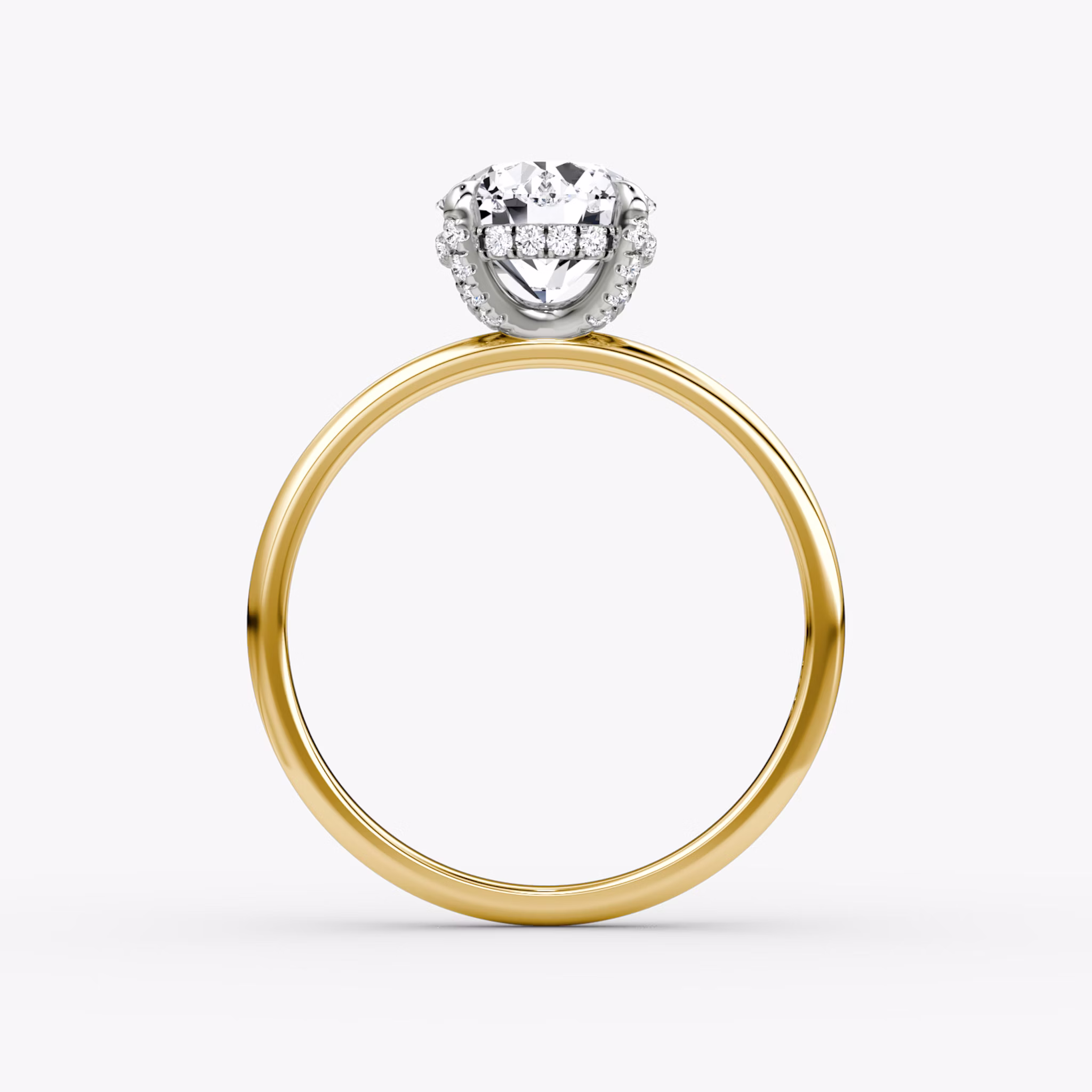 The Classic Hidden Halo | Round Brilliant | 18k | Yellow Gold and Platinum | bandAccent: Plain | bandWidth: standard | caratWeight: 1.5ct | prongStyle: Pavé | diamondOrientation: vertical
