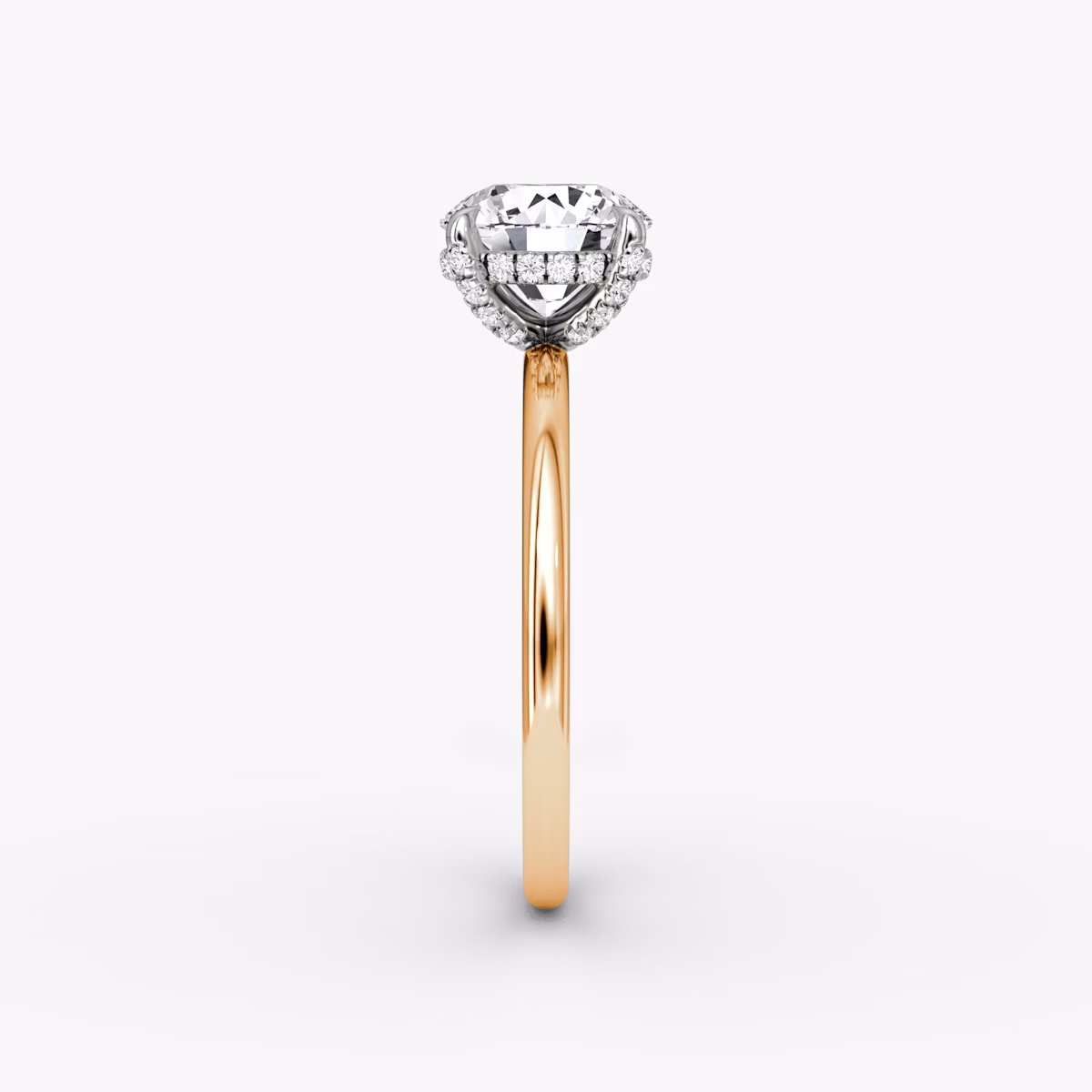 The Classic Hidden Halo | Round Brilliant | 14k | Rose Gold and Platinum | bandAccent: Plain | bandWidth: standard | caratWeight: 1.5ct | prongStyle: Pavé | diamondOrientation: vertical