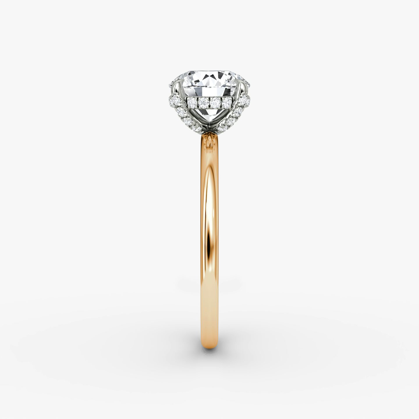 The Classic Hidden Halo | Round Brilliant | 14k | Rose Gold and Platinum | bandAccent: Plain | bandWidth: standard | caratWeight: 1.5ct | prongStyle: Pavé | diamondOrientation: vertical