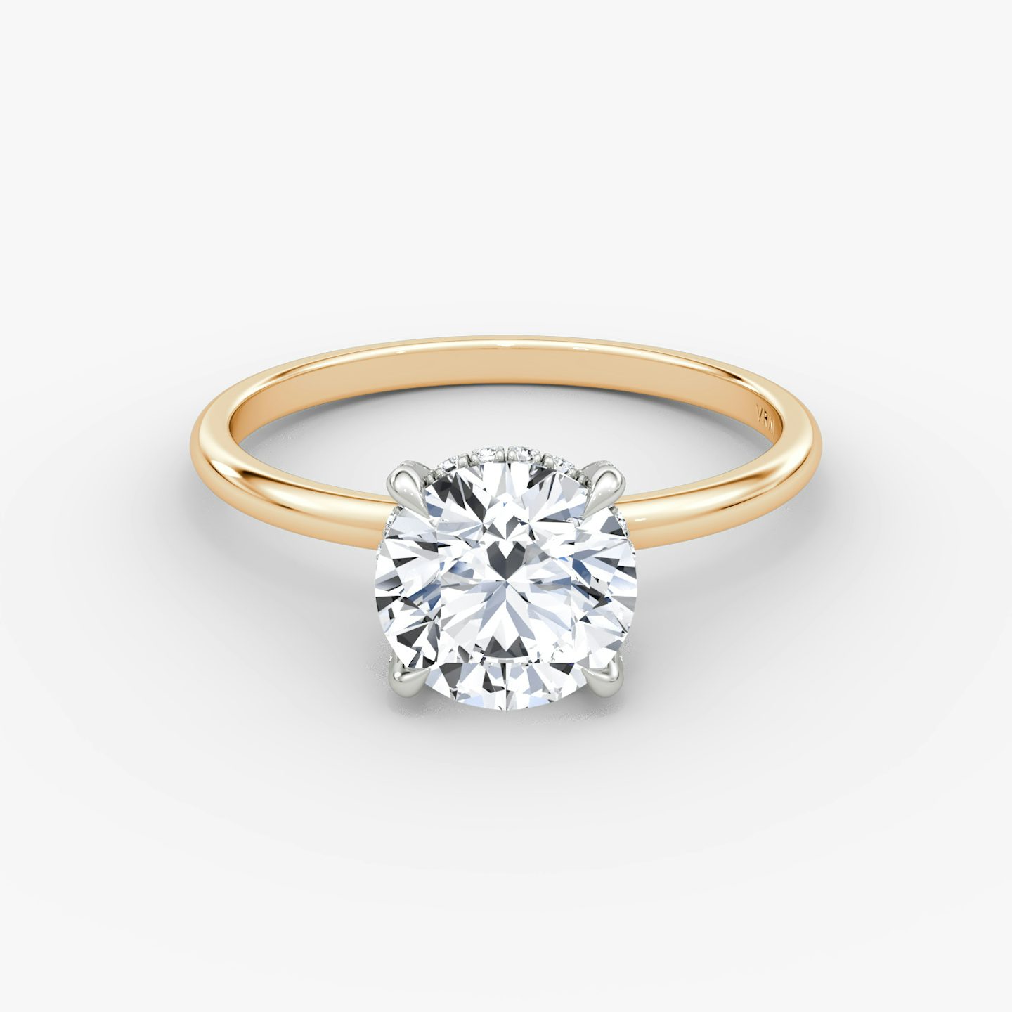 The Classic Hidden Halo | Round Brilliant | 14k | Rose Gold and Platinum | bandAccent: Plain | bandWidth: standard | caratWeight: 1.5ct | prongStyle: Pavé | diamondOrientation: vertical