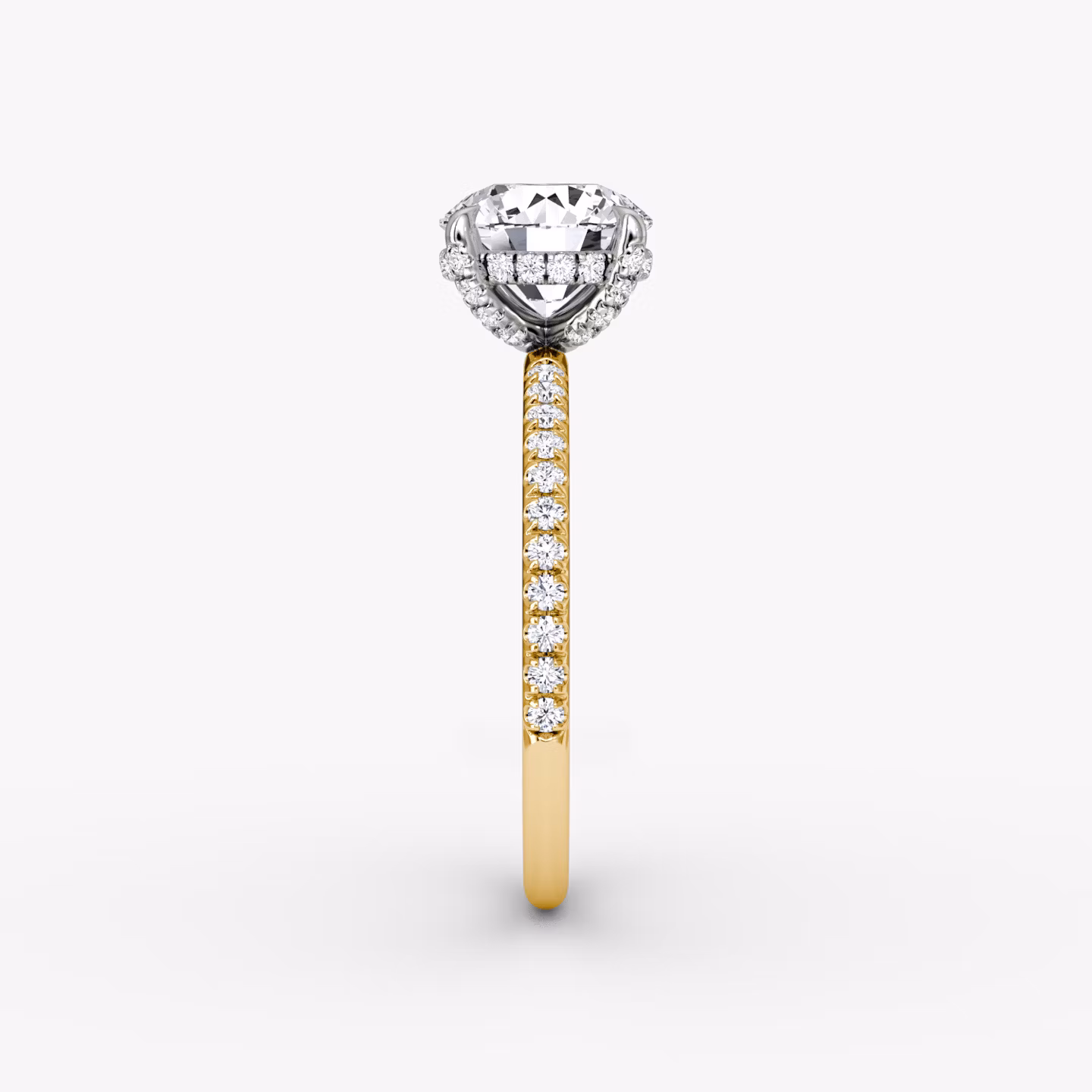 The Classic Hidden Halo | Round Brilliant | 18k | Yellow Gold and Platinum | bandAccent: Pavé | bandWidth: standard | caratWeight: other | prongStyle: Pavé | diamondOrientation: vertical