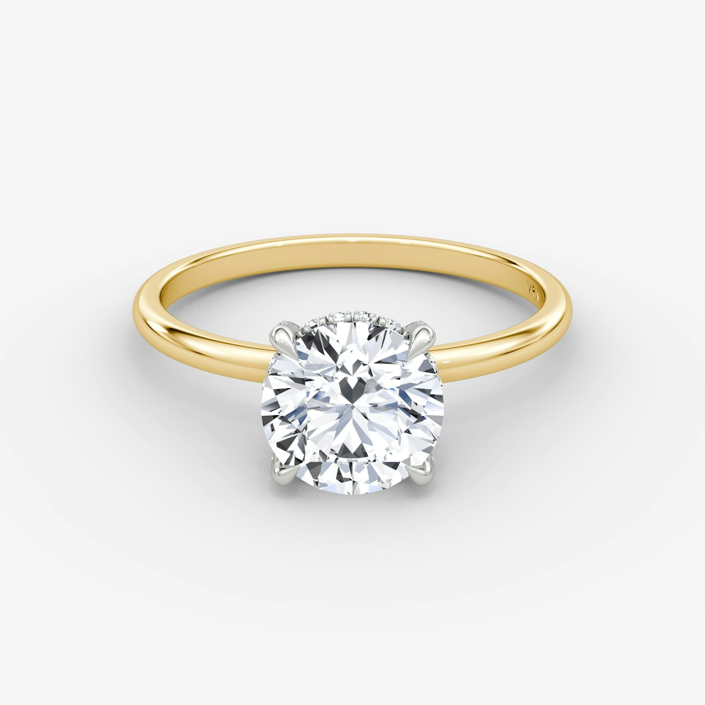 The Classic Hidden Halo | Round Brilliant | 18k | Yellow Gold and Platinum | bandAccent: Plain | bandWidth: standard | caratWeight: other | prongStyle: Pavé | diamondOrientation: vertical