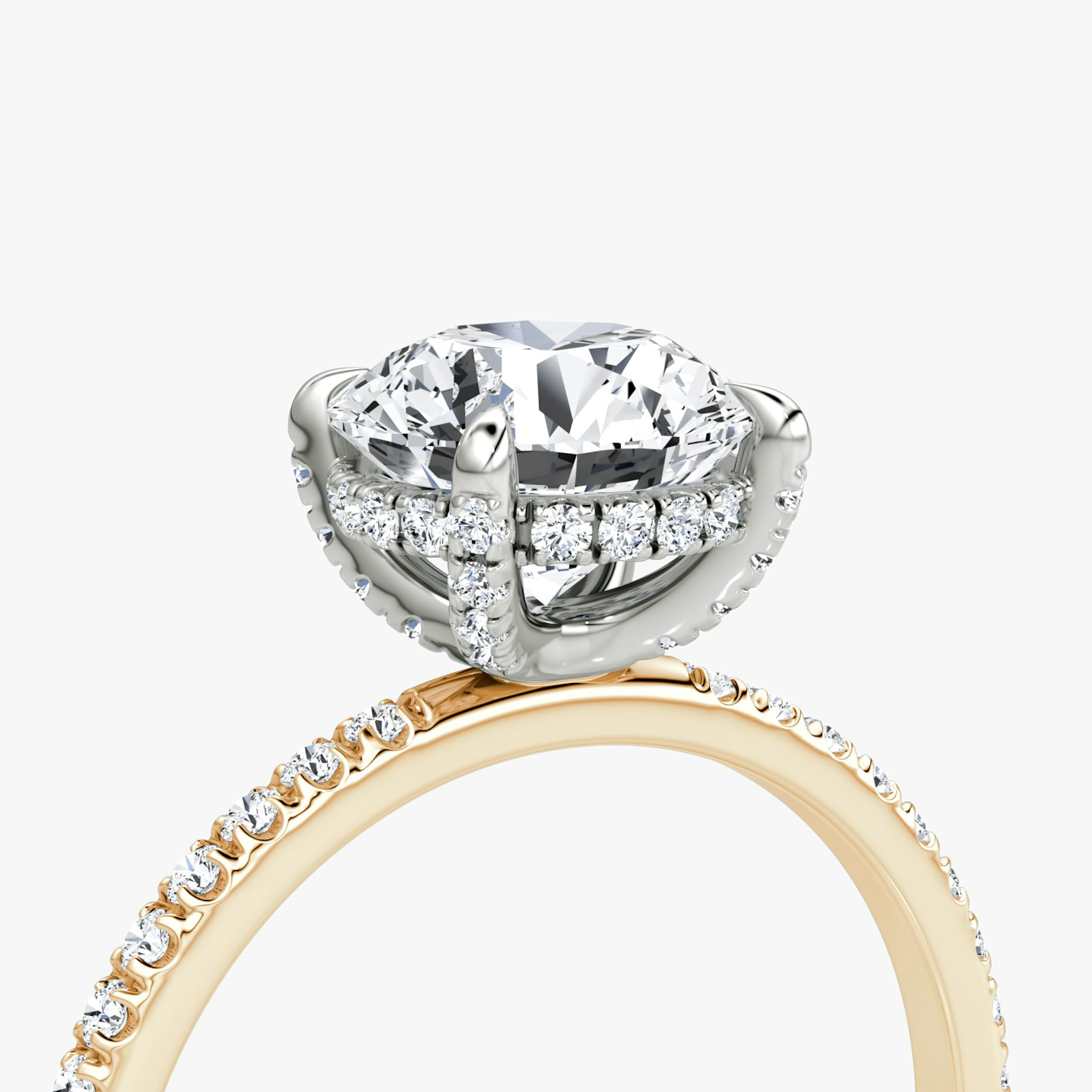 The Classic Hidden Halo | Round Brilliant | 14k | Rose Gold and Platinum | bandAccent: Pavé | bandWidth: standard | caratWeight: other | prongStyle: Pavé | diamondOrientation: vertical