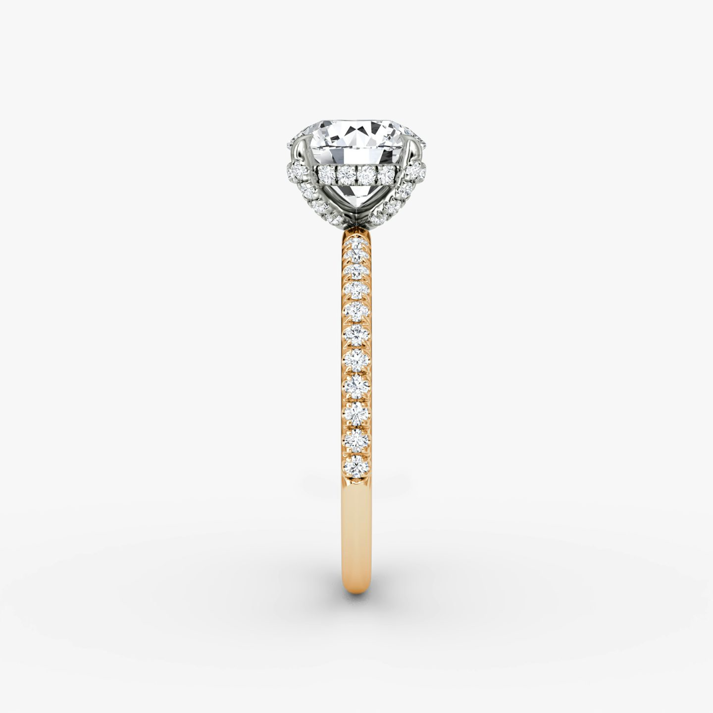 The Classic Hidden Halo | Round Brilliant | 14k | Rose Gold and Platinum | bandAccent: Pavé | bandWidth: standard | caratWeight: other | prongStyle: Pavé | diamondOrientation: vertical