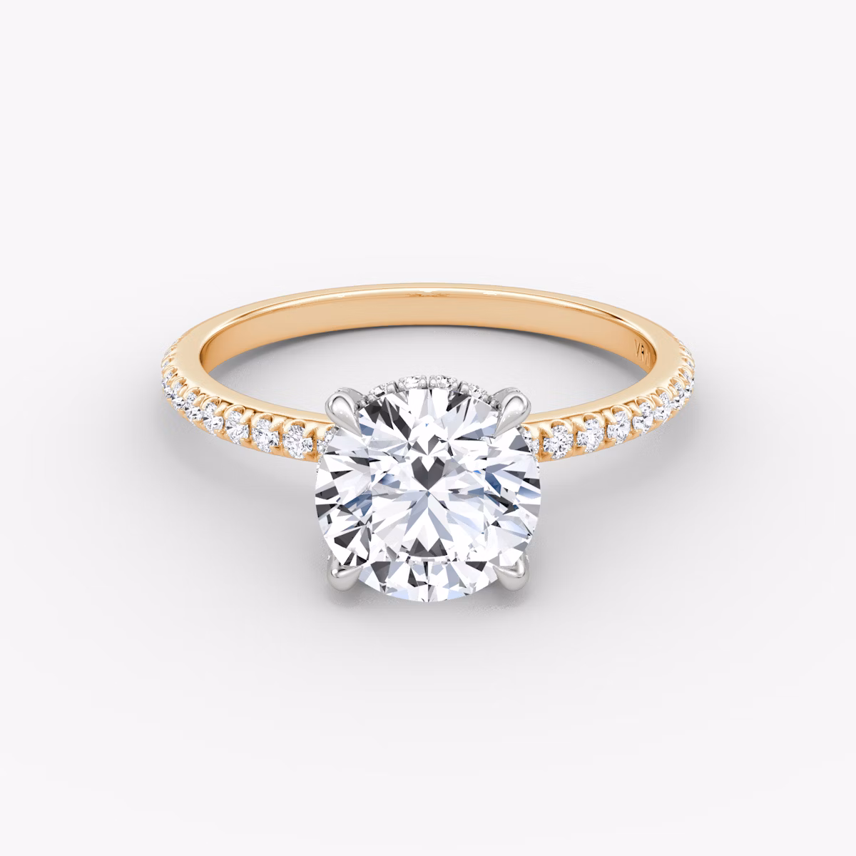 The Classic Hidden Halo | Round Brilliant | 14k | Rose Gold and Platinum | bandAccent: Pavé | bandWidth: standard | caratWeight: other | prongStyle: Pavé | diamondOrientation: vertical