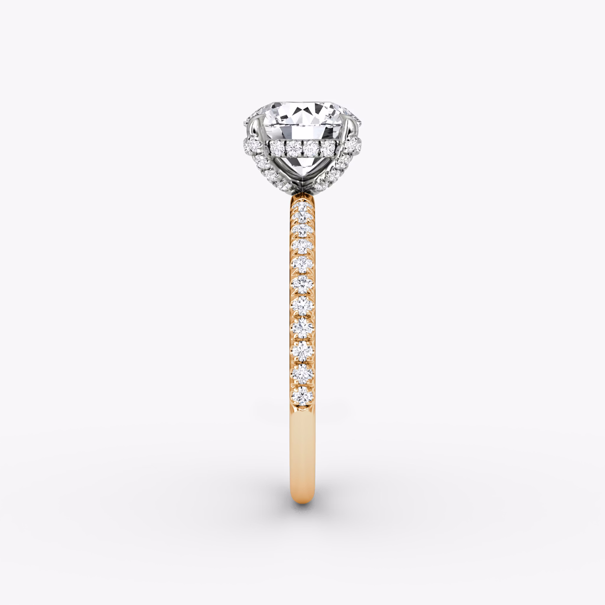 The Classic Hidden Halo | Round Brilliant | 14k | Rose Gold and Platinum | bandAccent: Pavé | bandWidth: standard | caratWeight: 2.0ct | prongStyle: Pavé | diamondOrientation: vertical