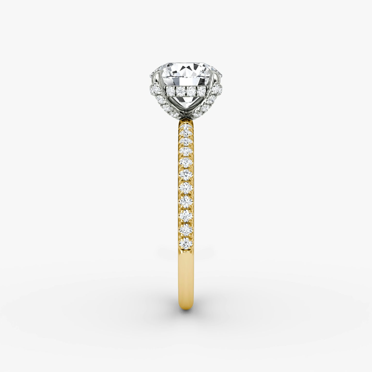 The Classic Hidden Halo | Round Brilliant | 18k | Yellow Gold and Platinum | bandAccent: Pavé | bandWidth: standard | caratWeight: 1.0ct | prongStyle: Pavé | diamondOrientation: vertical