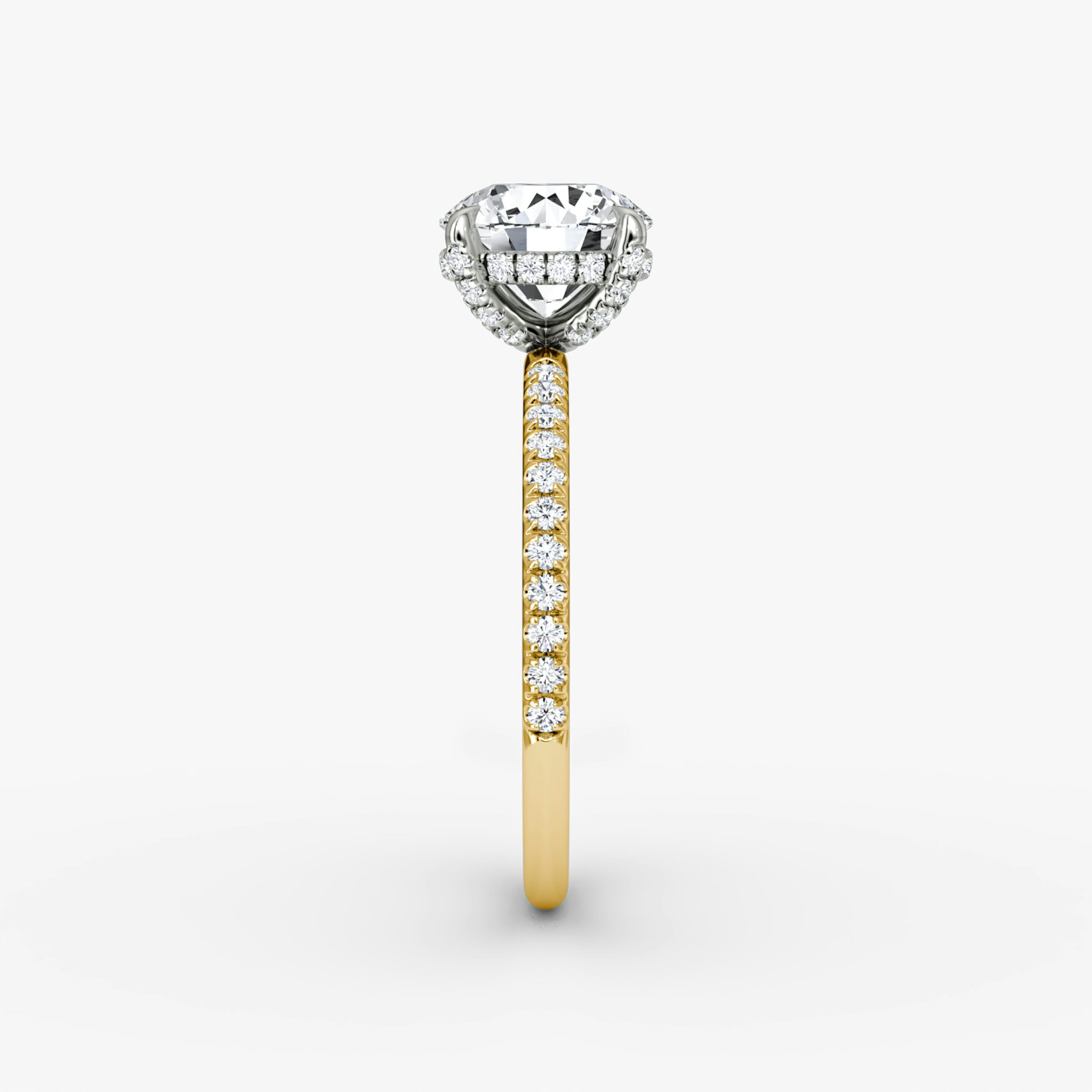 The Classic Hidden Halo | Round Brilliant | 18k | Yellow Gold and Platinum | bandAccent: Pavé | bandWidth: standard | caratWeight: 1.0ct | prongStyle: Pavé | diamondOrientation: vertical