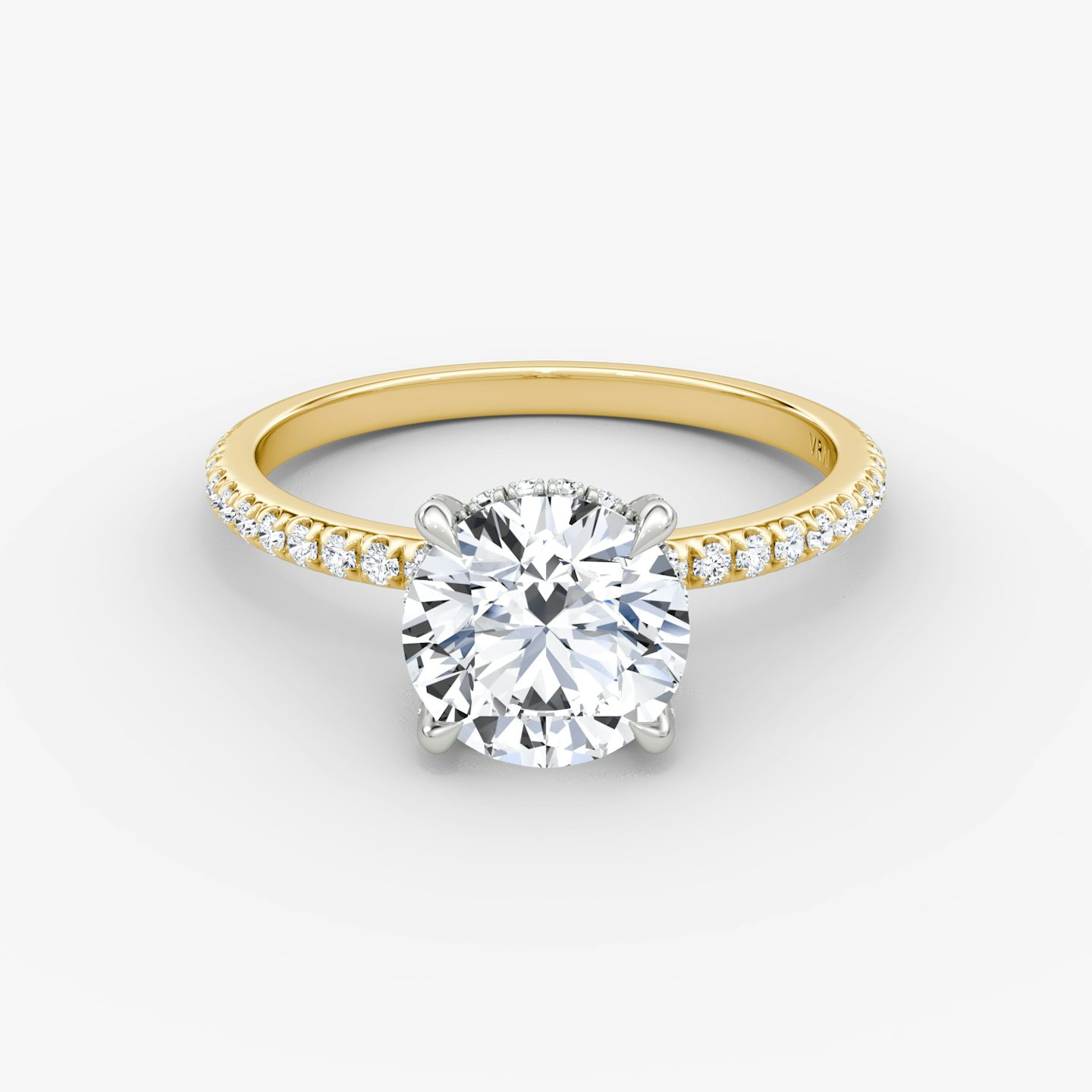The Classic Hidden Halo | Round Brilliant | 18k | Yellow Gold and Platinum | bandAccent: Pavé | bandWidth: standard | caratWeight: 1.0ct | prongStyle: Pavé | diamondOrientation: vertical