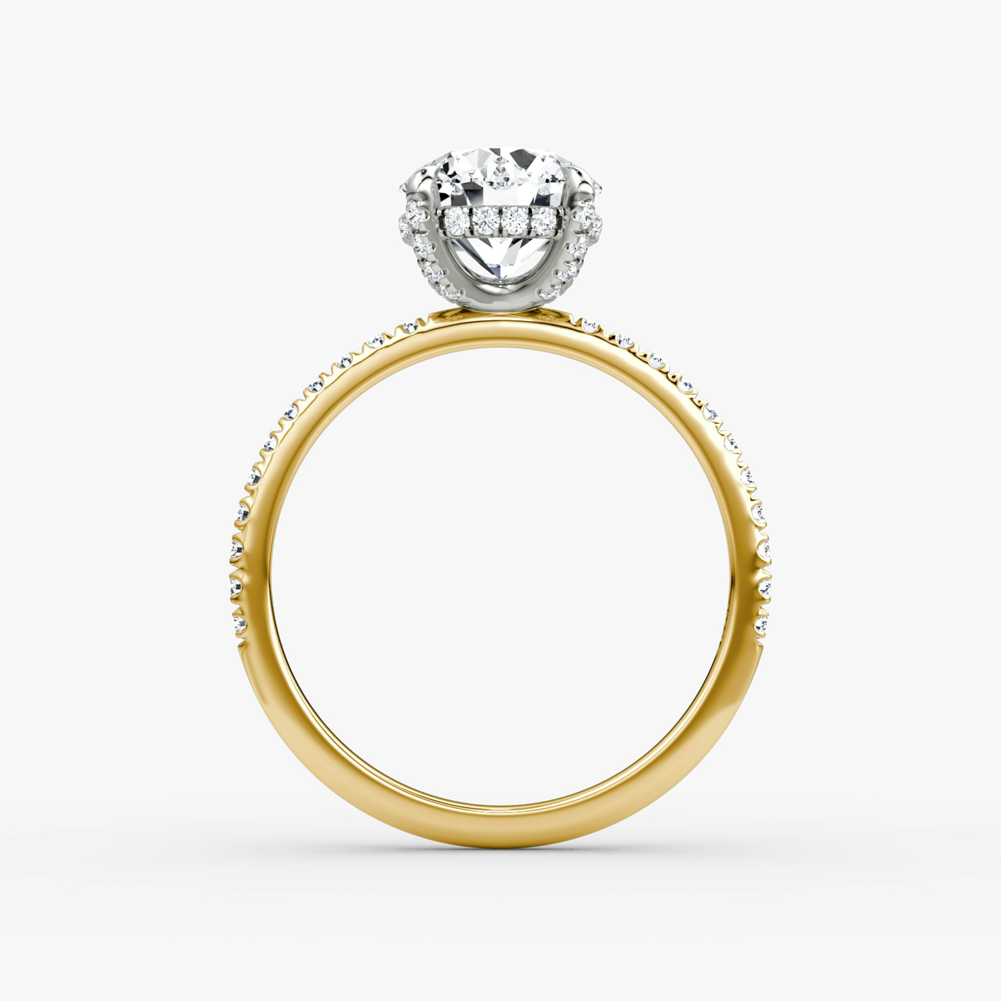 The Classic Hidden Halo | Round Brilliant | 18k | Yellow Gold and Platinum | bandAccent: Pavé | bandWidth: standard | caratWeight: 1.0ct | prongStyle: Pavé | diamondOrientation: vertical