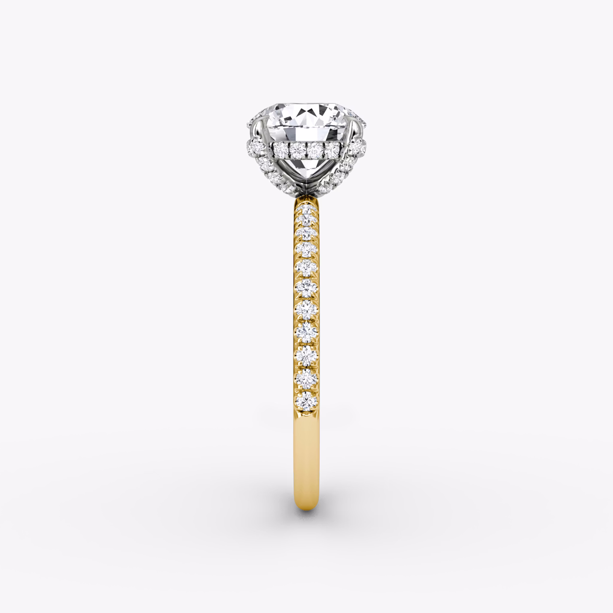 The Classic Hidden Halo | Round Brilliant | 18k | Yellow Gold and Platinum | bandAccent: Pavé | bandWidth: standard | caratWeight: 2.0ct | prongStyle: Pavé | diamondOrientation: vertical