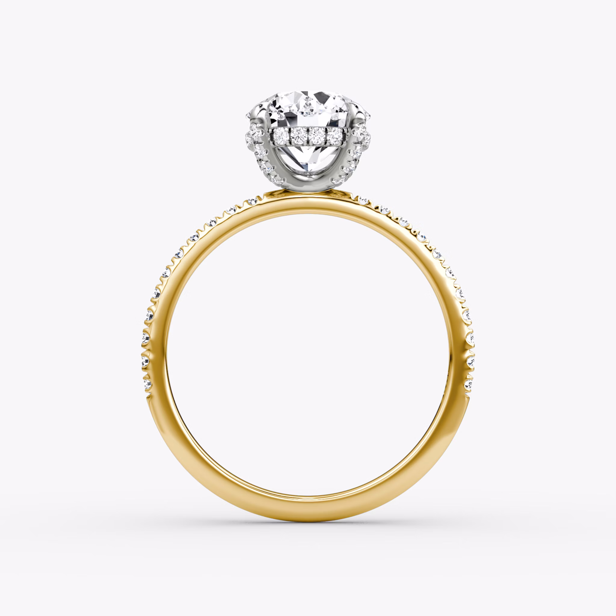 The Classic Hidden Halo | Round Brilliant | 18k | Yellow Gold and Platinum | bandAccent: Pavé | bandWidth: standard | caratWeight: 2.0ct | prongStyle: Pavé | diamondOrientation: vertical
