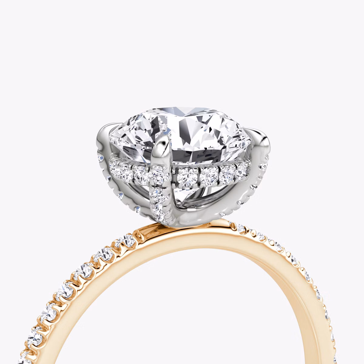 The Classic Hidden Halo | Round Brilliant | 14k | Rose Gold and Platinum | bandAccent: Pavé | bandWidth: standard | caratWeight: 1.5ct | prongStyle: Pavé | diamondOrientation: vertical