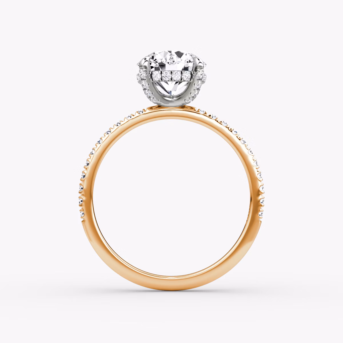 The Classic Hidden Halo | Round Brilliant | 14k | Rose Gold and Platinum | bandAccent: Pavé | bandWidth: standard | caratWeight: 1.5ct | prongStyle: Pavé | diamondOrientation: vertical
