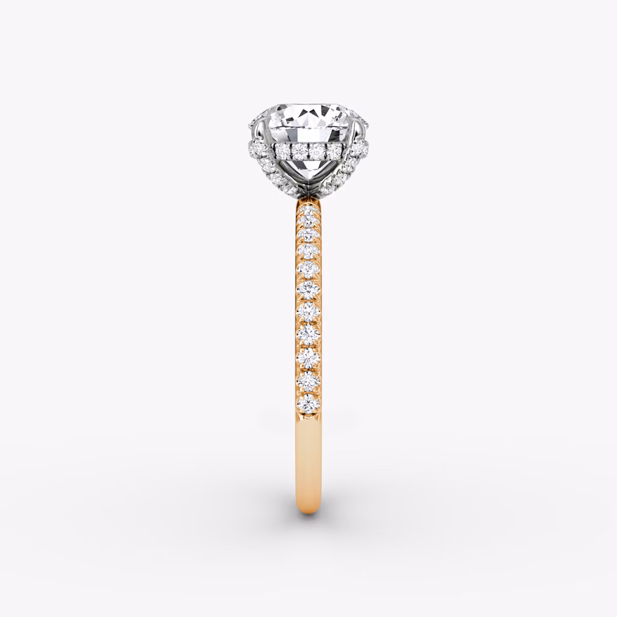 The Classic Hidden Halo | Round Brilliant | 14k | Rose Gold and Platinum | bandAccent: Pavé | bandWidth: standard | caratWeight: 1.5ct | prongStyle: Pavé | diamondOrientation: vertical