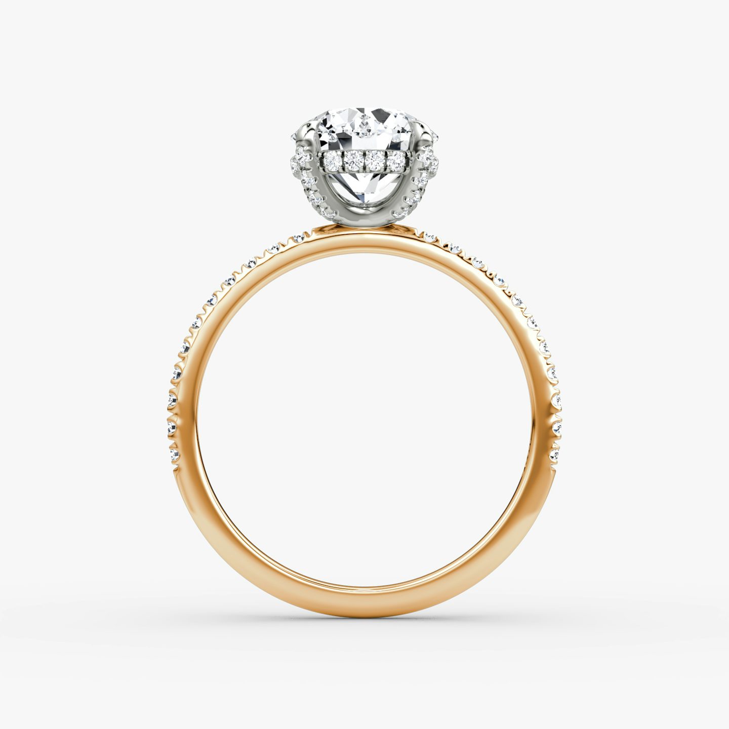 The Classic Hidden Halo | Round Brilliant | 14k | Rose Gold and Platinum | bandAccent: Pavé | bandWidth: standard | caratWeight: 1.0ct | prongStyle: Pavé | diamondOrientation: vertical